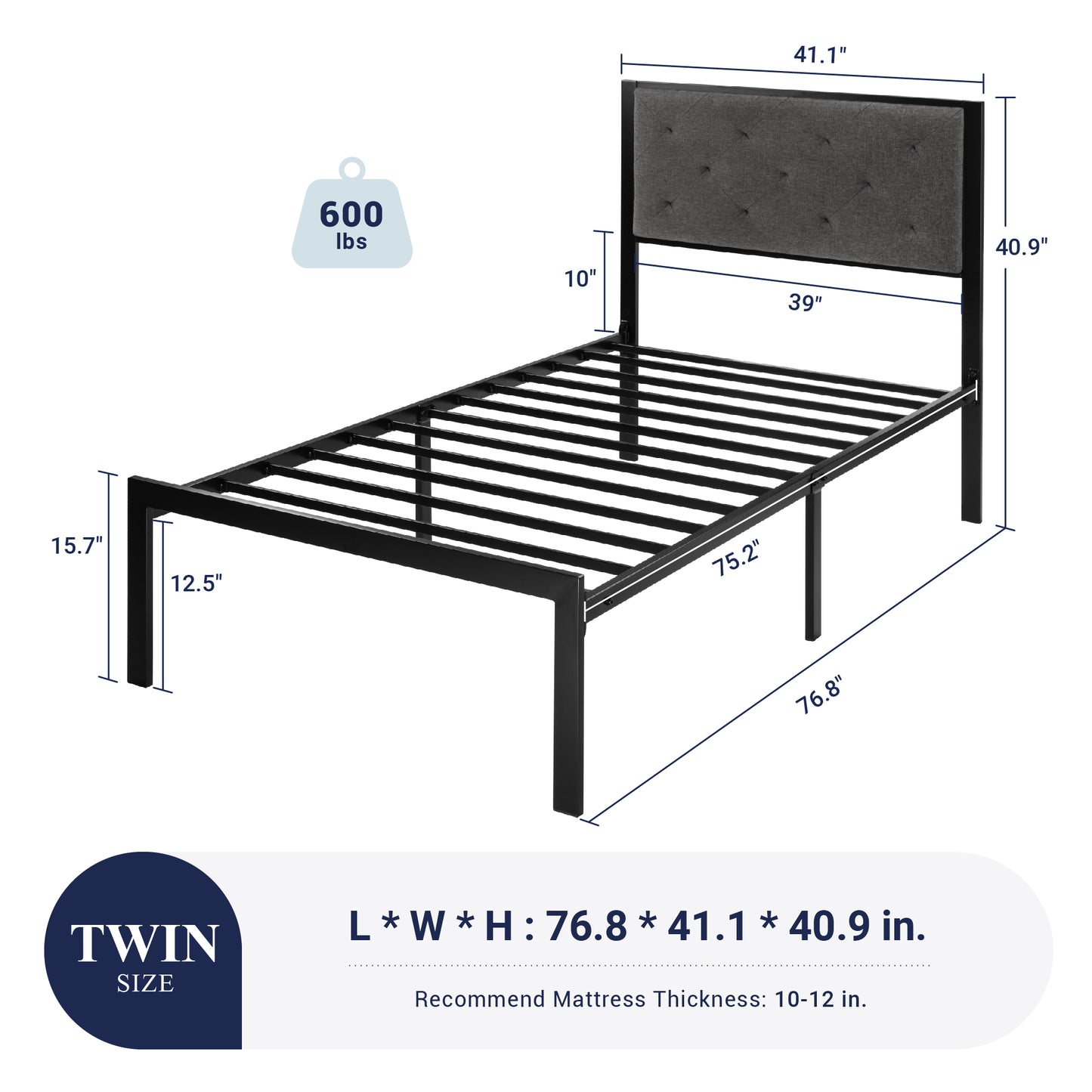 Allewie Metal Platform Bed Frame with Tufted Diamond Stitched Fabric Headboard