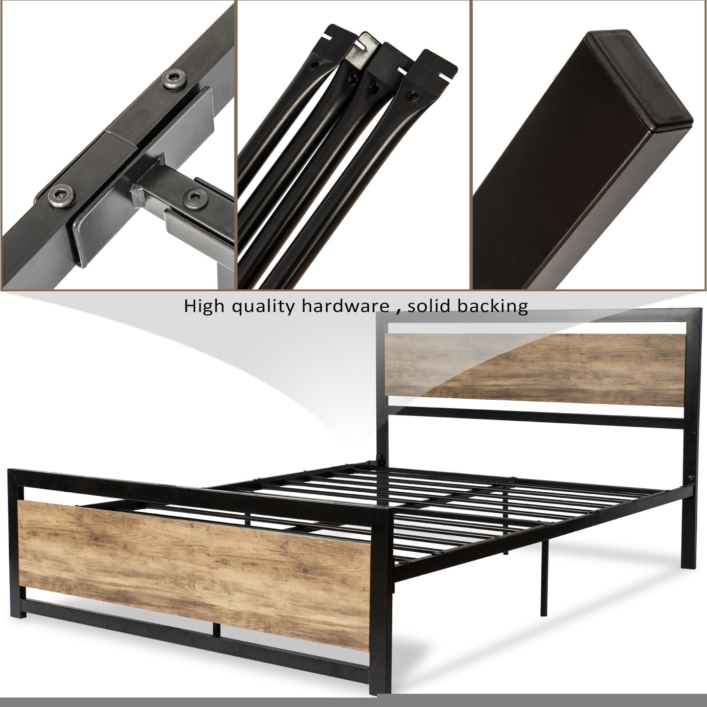Allewie Brown Queen Size Bed Frame with Modern Wooden Headboard,Heavy Duty Platform Metal Bed Frame with Square Frame Footboard