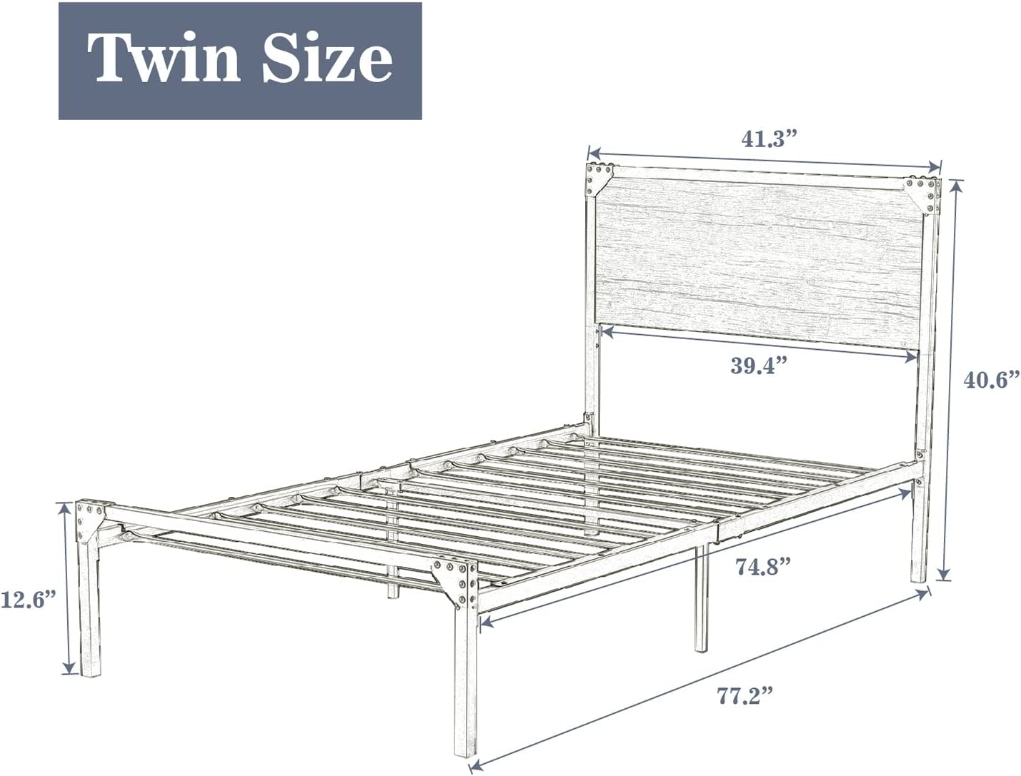 Allewie Queen Size Industrial Bed Frame with Wooden Rivet Headboard, Strong Steel Slat Support