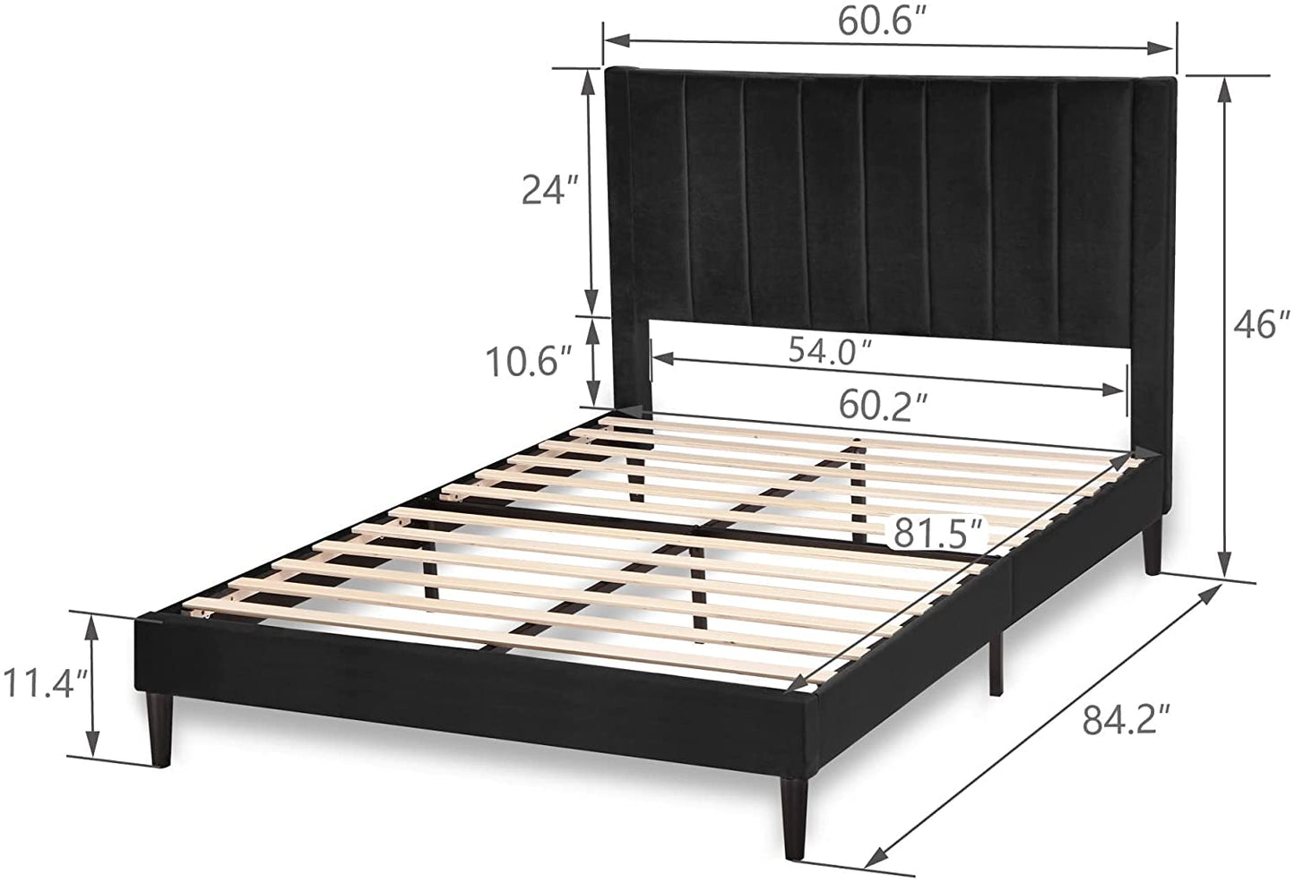 Allewie Velvet Upholstered Bed Frame with Vertical Channel Tufted Headboard, Black