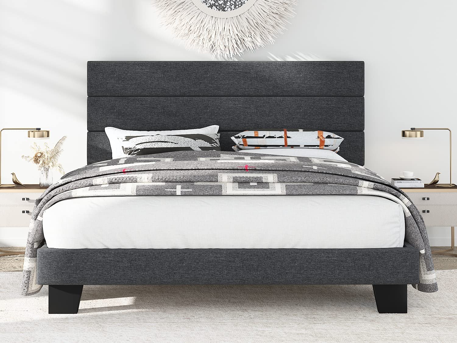 Allewie Queen Fully Upholstered Platform Bed Frame with Headboard, Dar