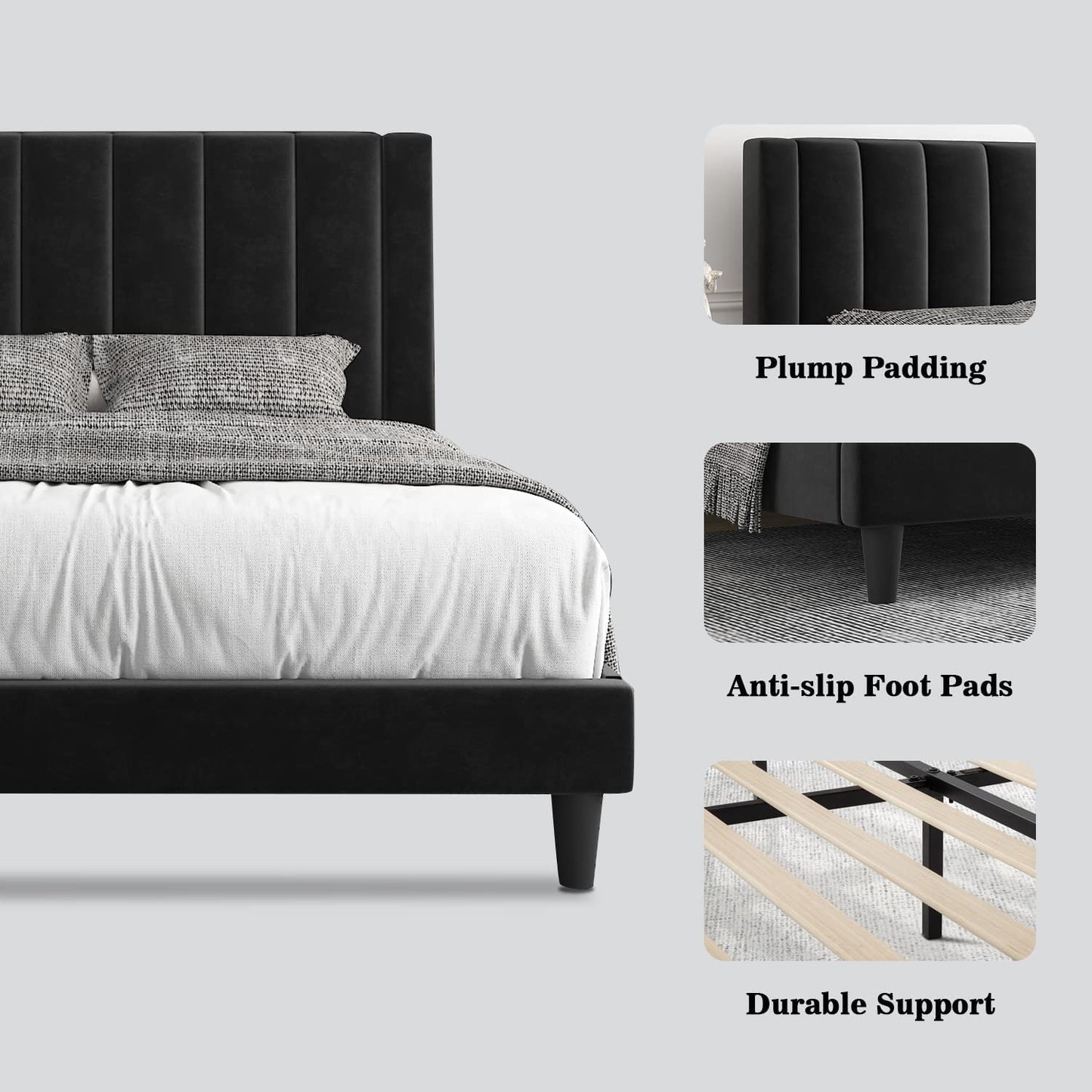 Allewie Velvet Upholstered Bed Frame with Vertical Channel Tufted Headboard, Black