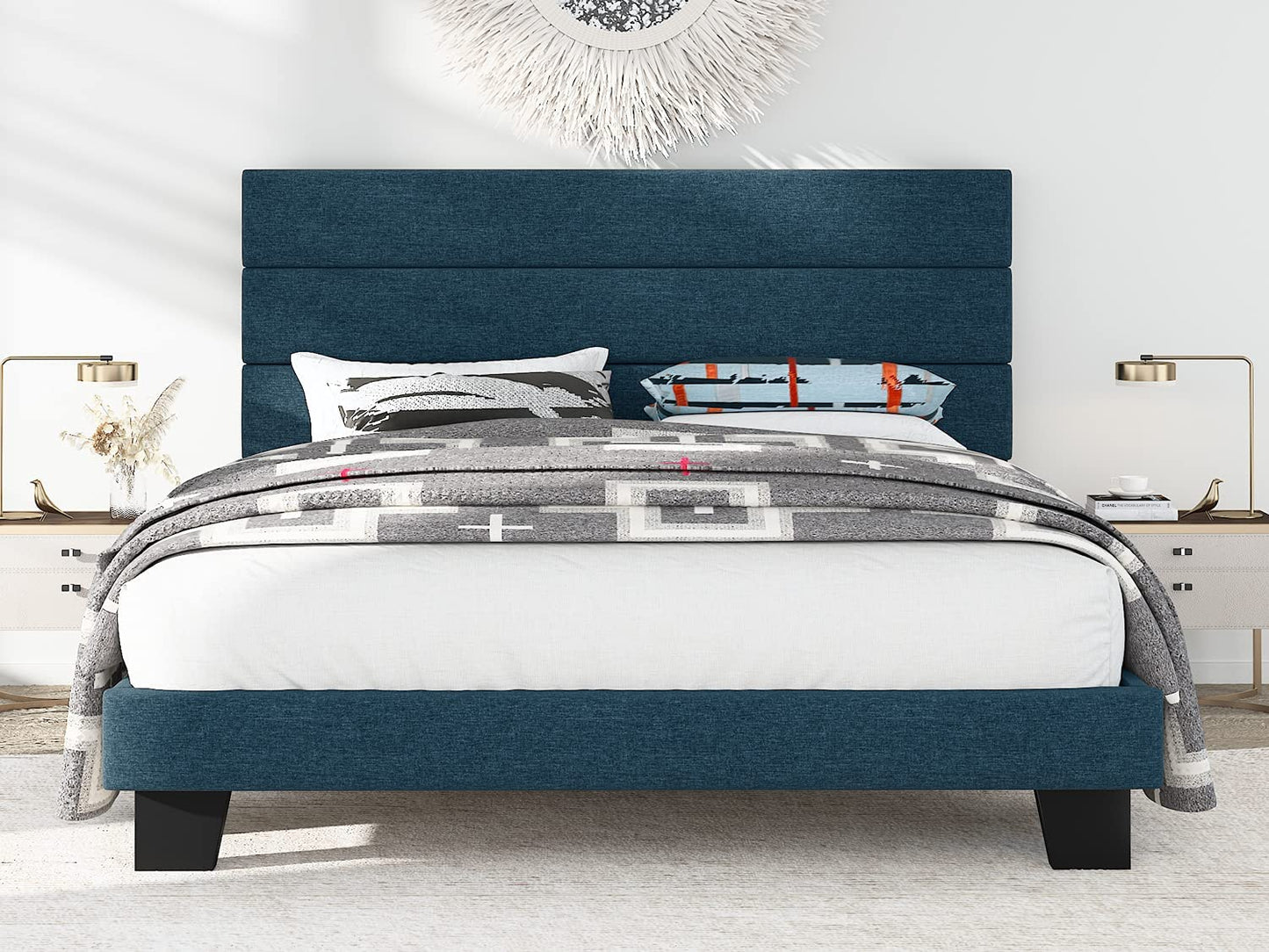 Allewie Queen Size Fabric Fully Upholstered Platform Bed Frame with Headboard and Strong Wooden Slats, Navy Blue