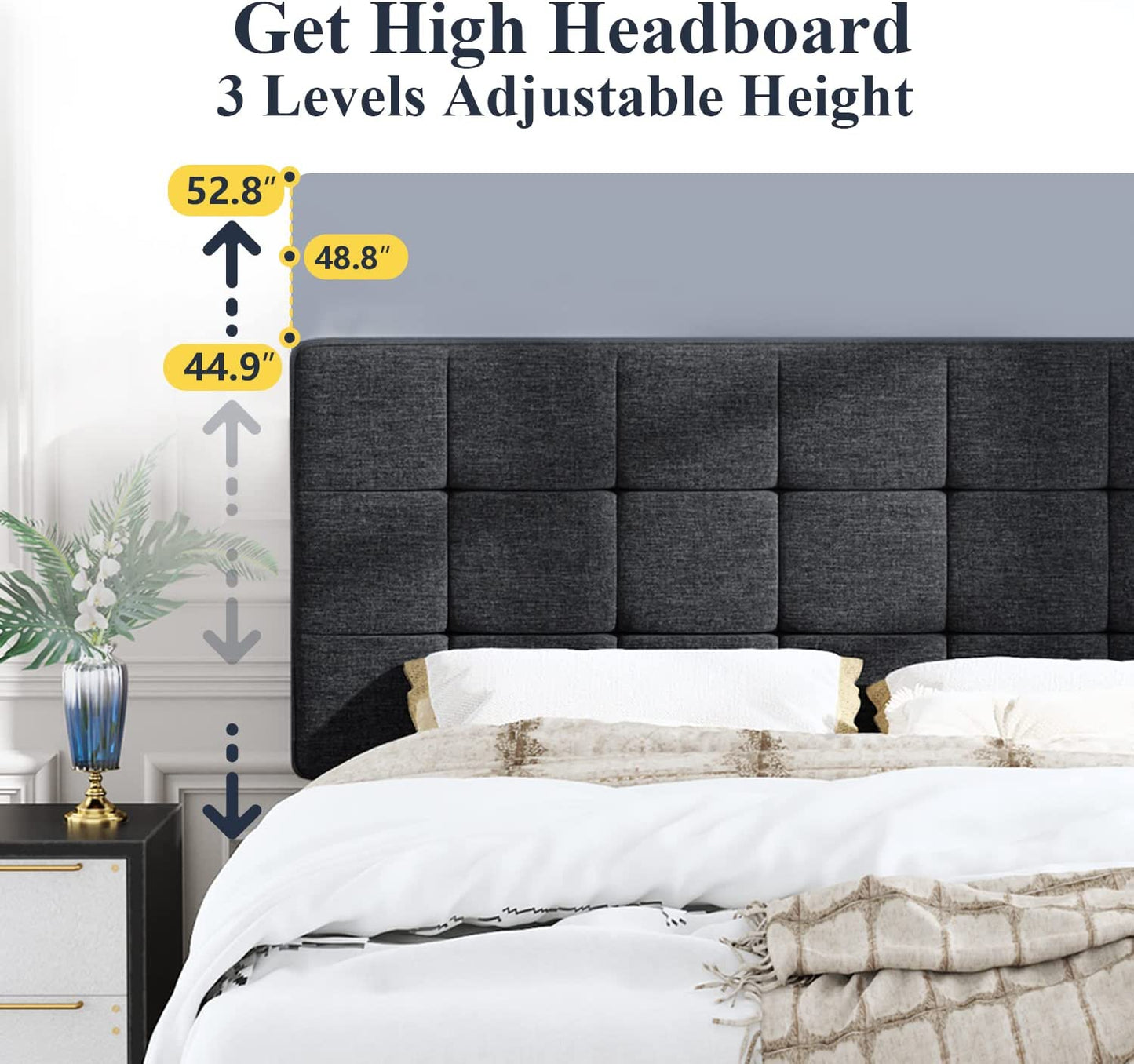 Allewie Panel Bed Frame with Adjustable High Headboard, Fabric Upholstered Platform Bed Frame