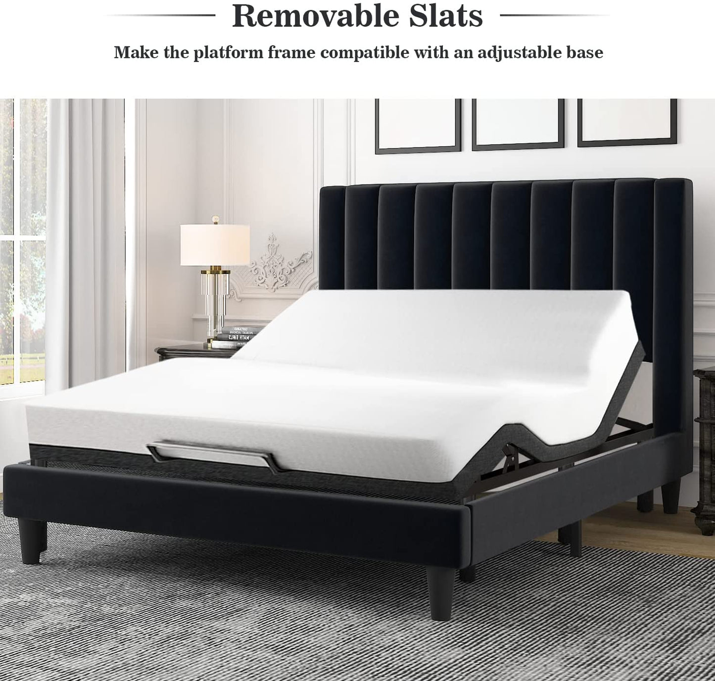 Allewie Velvet Upholstered Bed Frame with Vertical Channel Tufted Headboard, Black