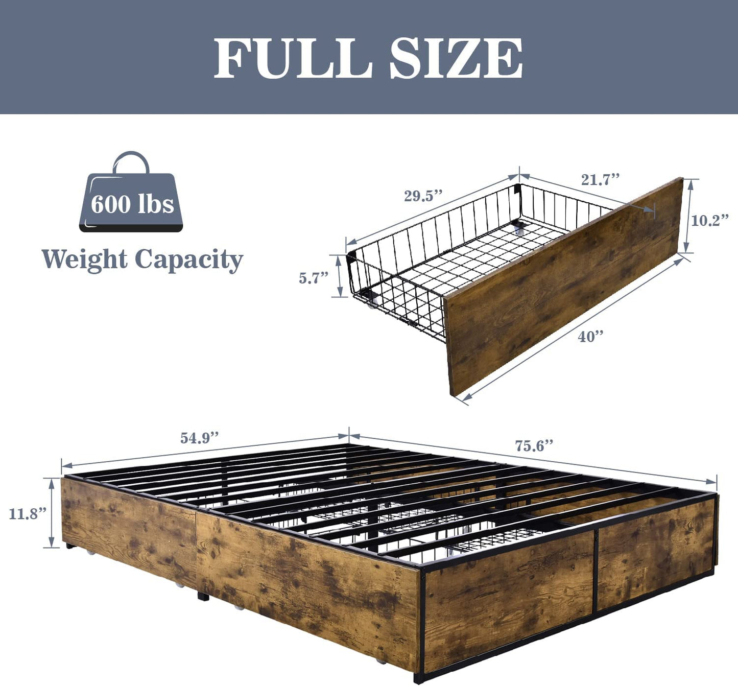 Allewie Platform Bed Frame with 4 Large Storage Drawers, Heavy Duty Metal Queen Bed Frame with Wooden Footboard & 13 Strong Slat Support