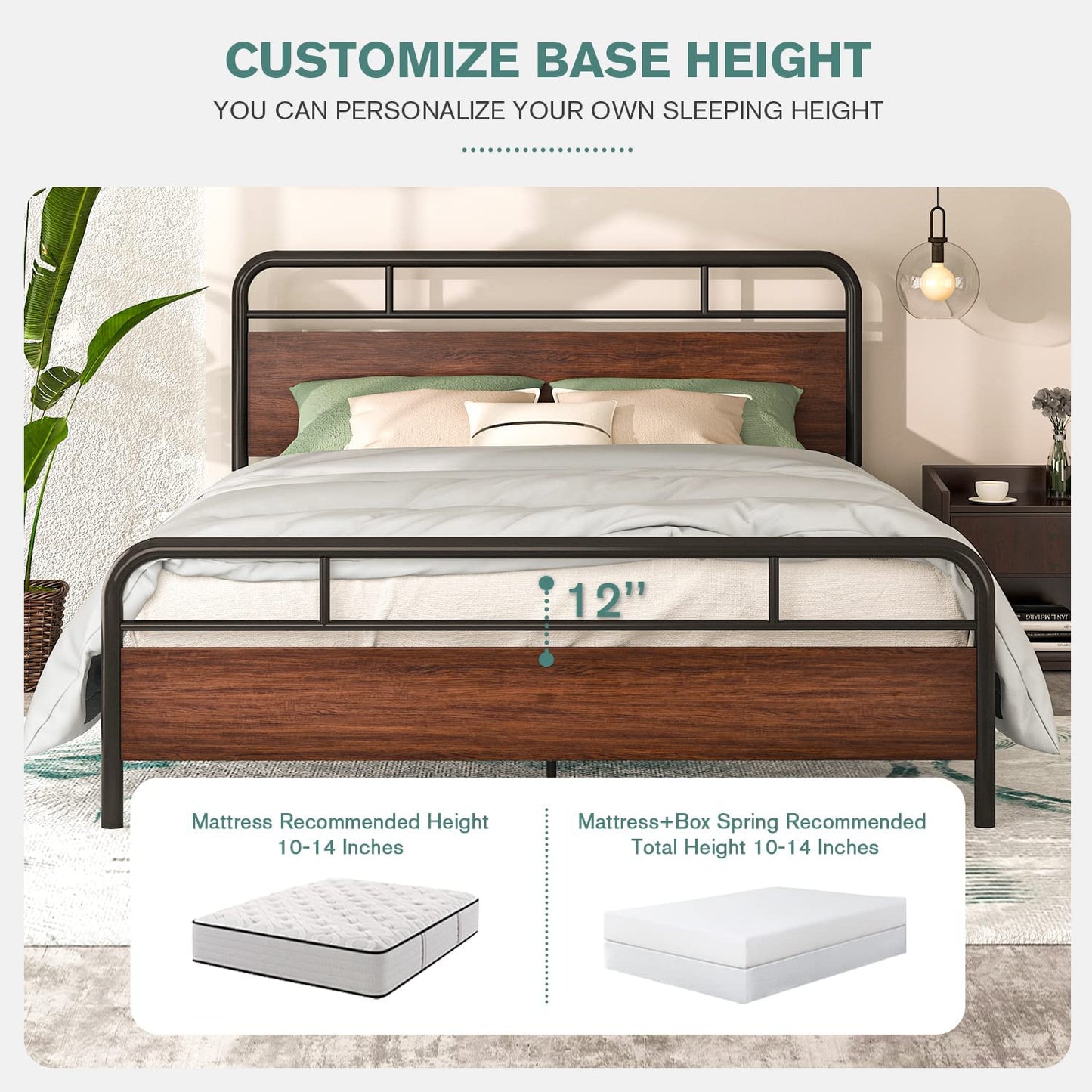 Allewie Walnut Metal Platform Bed Frame with Wooden Headboard