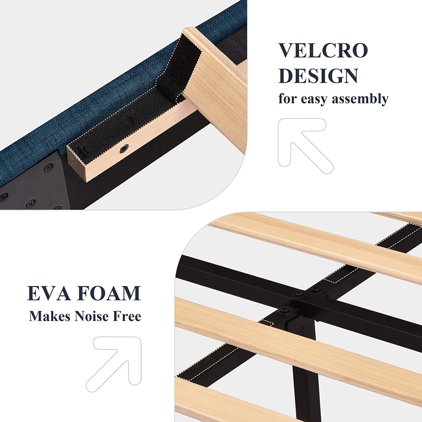Allewie Queen Size Fabric Fully Upholstered Platform Bed Frame with Headboard and Strong Wooden Slats, Navy Blue