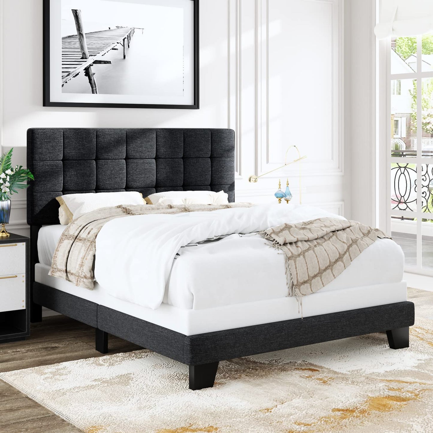 Allewie Panel Bed Frame with Adjustable High Headboard, Fabric Upholstered Platform Bed Frame