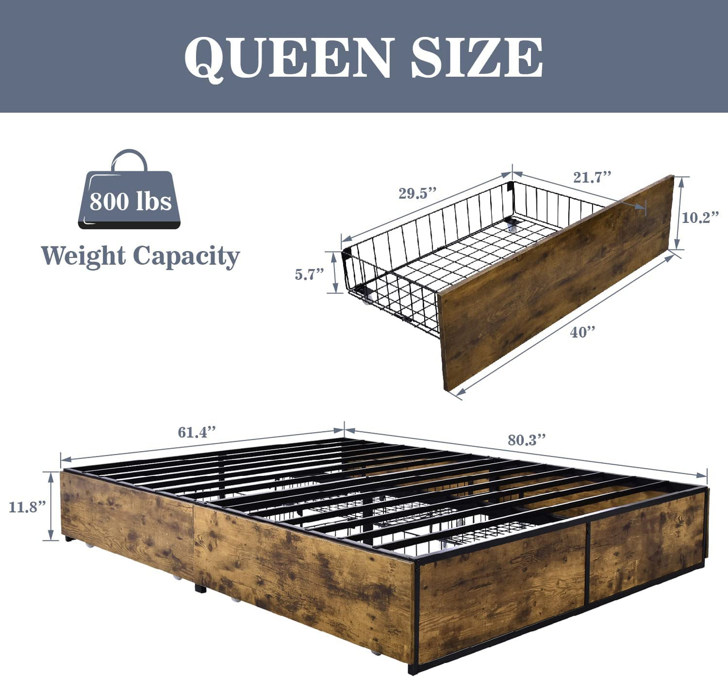 Allewie Platform Bed Frame with 4 Large Storage Drawers, Heavy Duty Metal Queen Bed Frame with Wooden Footboard & 13 Strong Slat Support