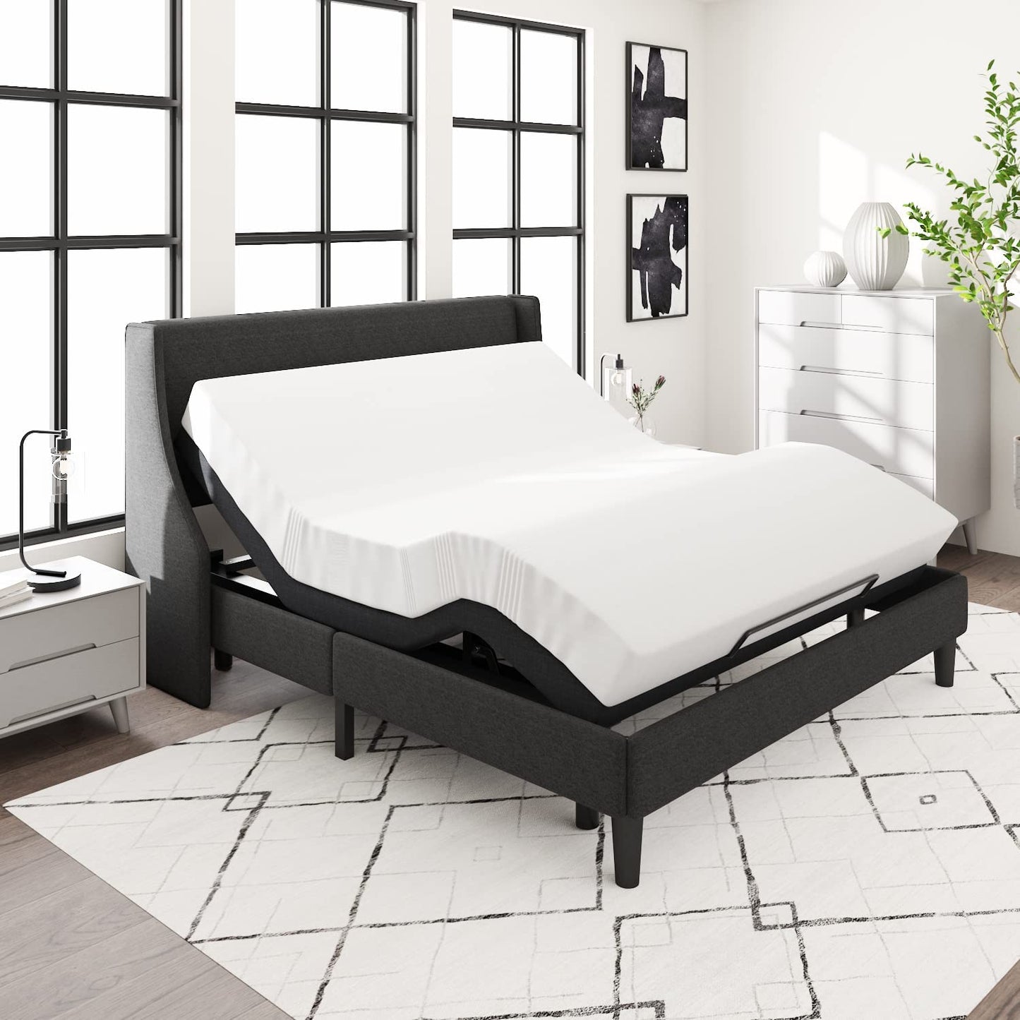 Allewie Adjustable Bed Base Frame with New Generation Motor, Wireless Remote, Upholstered