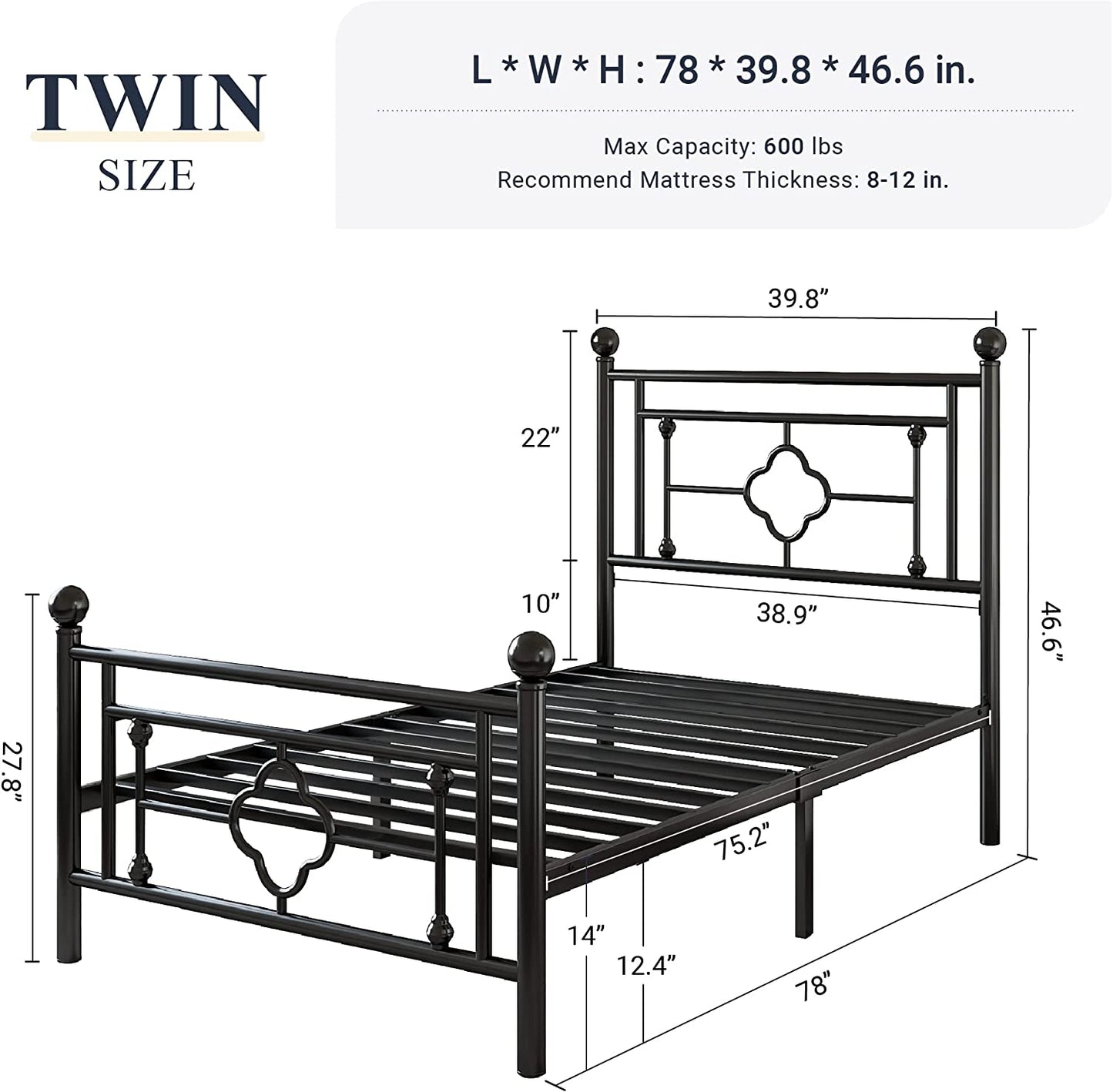 Allewie Metal Platform Bed Frame with Victorian Vintage Headboard and Footboard, Black