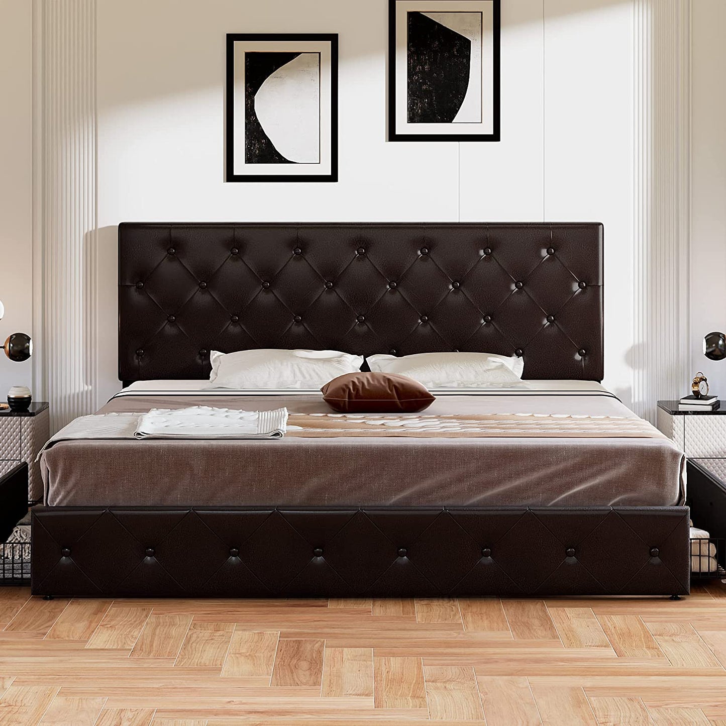 Allewie Platform Bed Frame with 4 Drawers, Diamond Stitched Button Tufted Faux Leather Upholstered