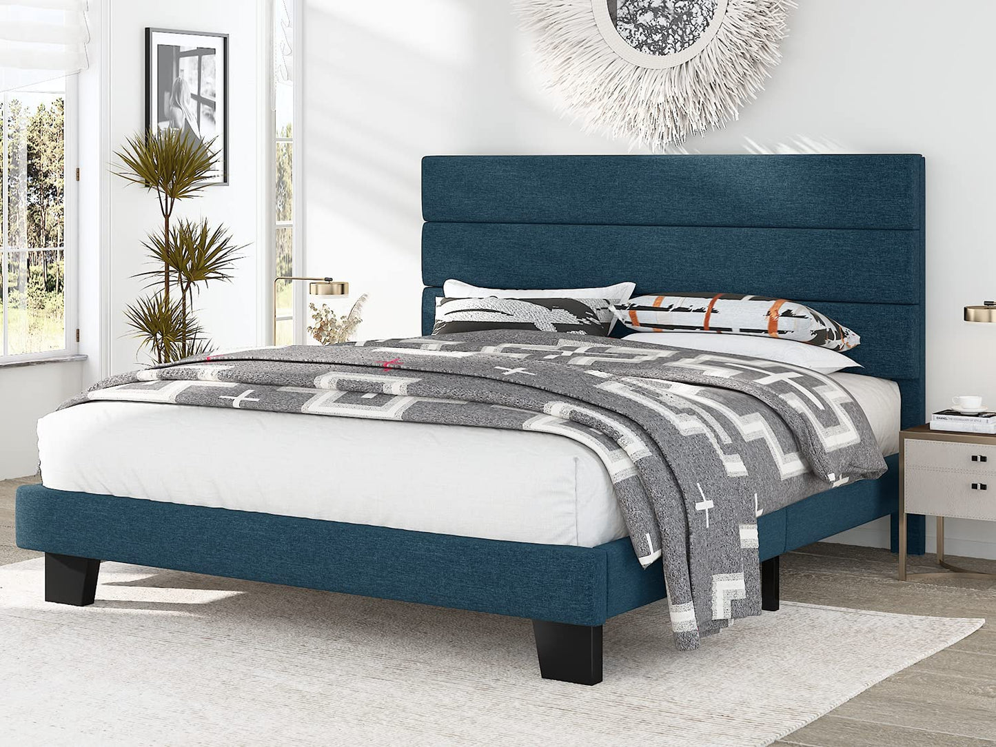Allewie Queen Size Fabric Fully Upholstered Platform Bed Frame with Headboard and Strong Wooden Slats, Navy Blue