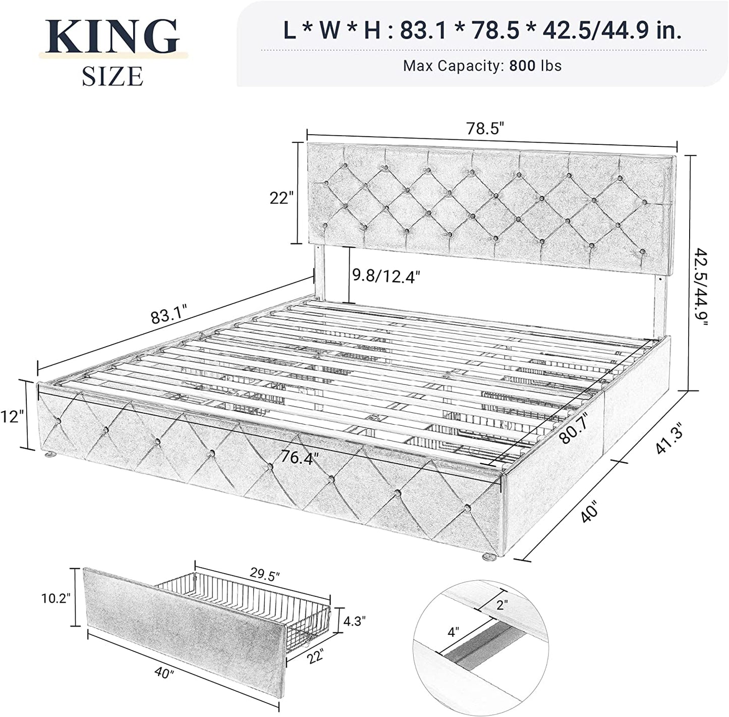 Allewie Platform Bed Frame with 4 Drawers, Diamond Stitched Button Tufted Faux Leather Upholstered