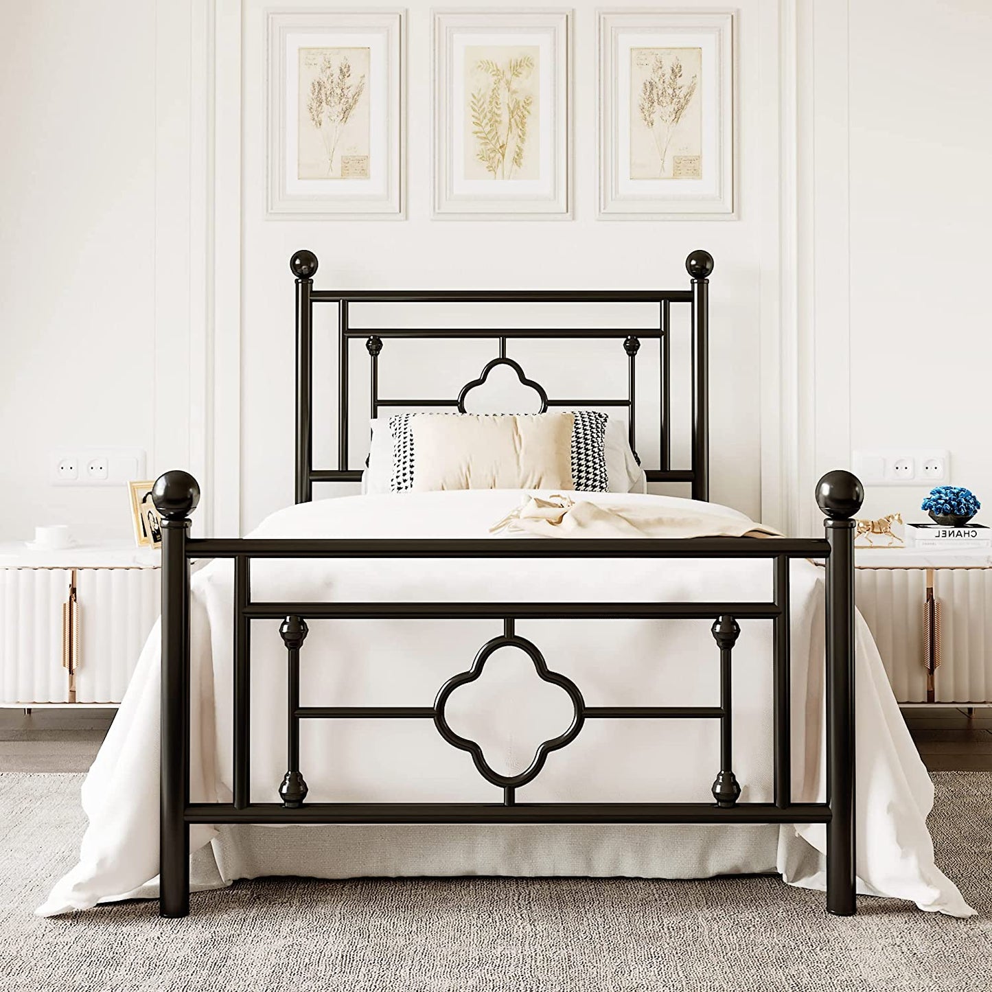 Allewie Metal Platform Bed Frame with Victorian Vintage Headboard and Footboard, Black