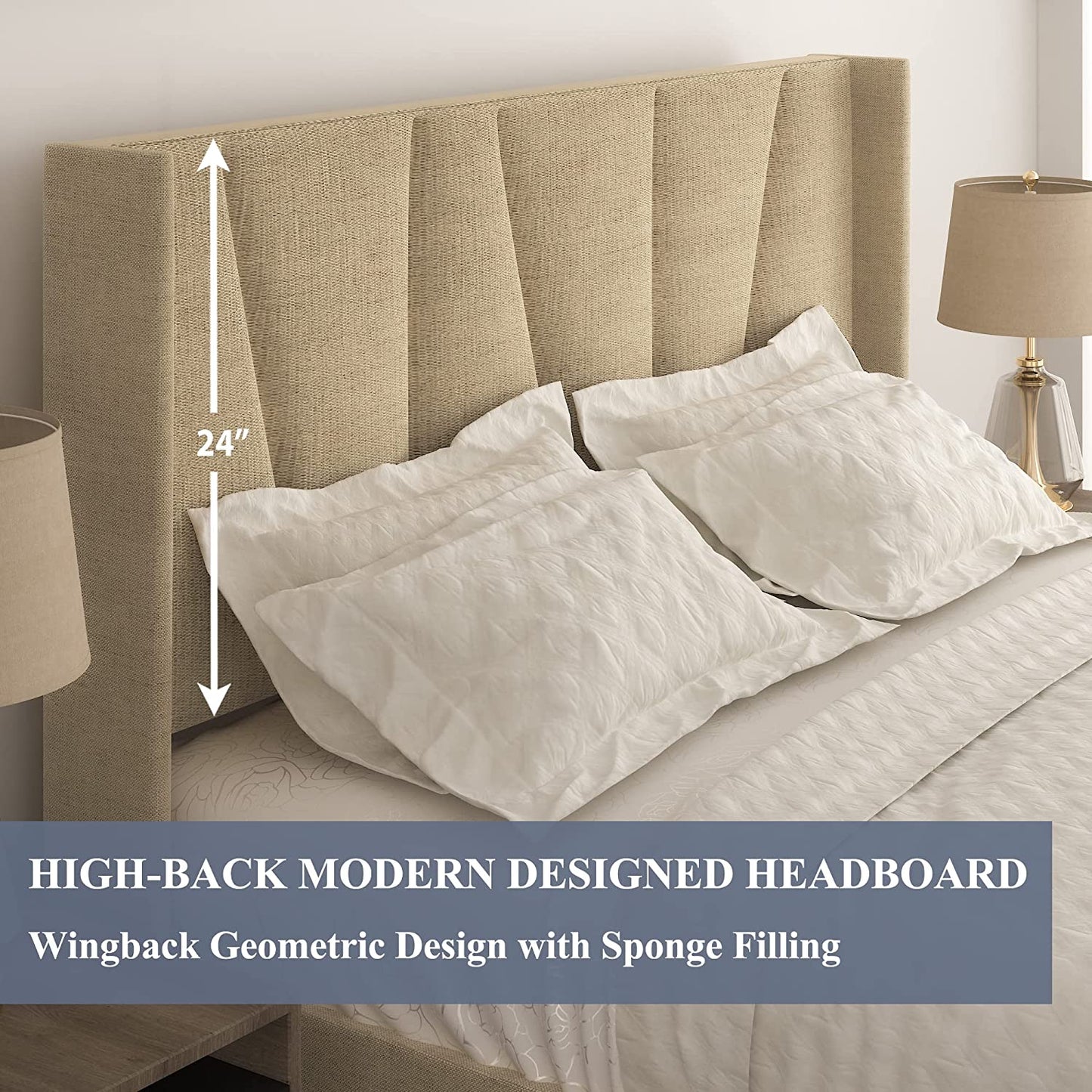 Allewie full Size Modern Platform Bed Frame with Upholstered Geometric Wingback Headboard, Beige