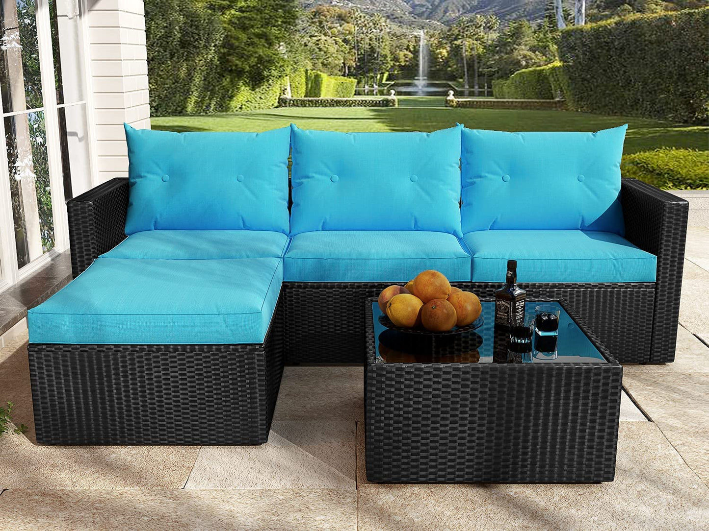 Patio Conversation Set, 3 Pieces PE Wicker Rattan Outdoor Furniture Set, Lounge Sofa and Loveseat with Cushions, Tempered Glass Coffee Table