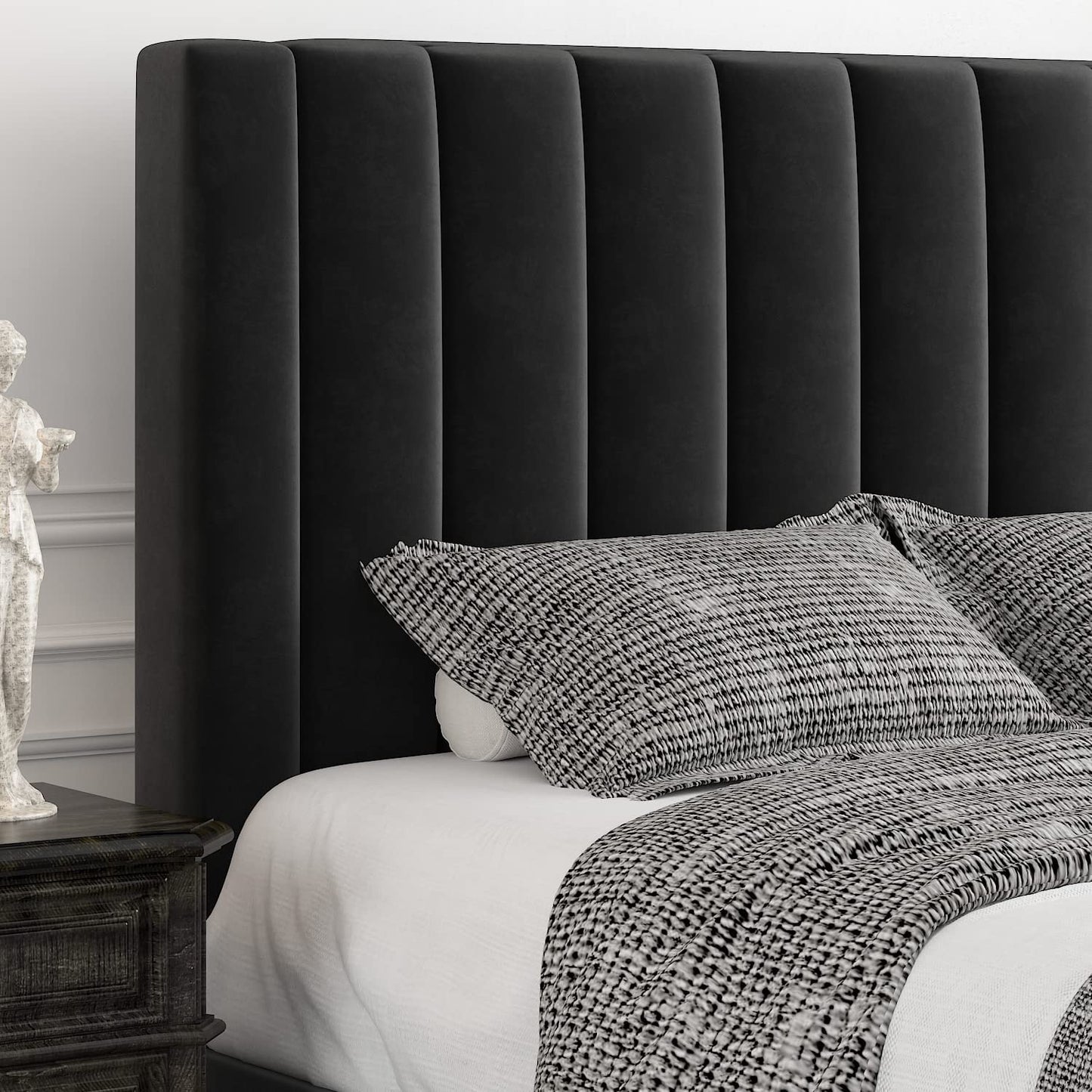 Allewie Velvet Upholstered Bed Frame with Vertical Channel Tufted Headboard, Black