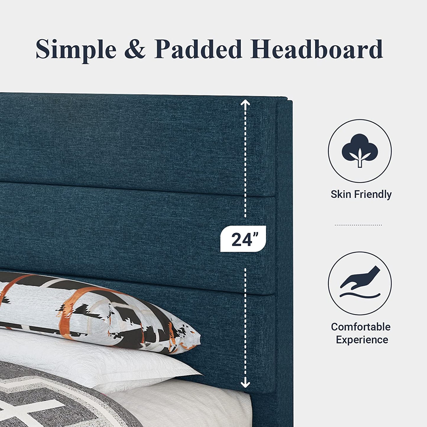 Allewie Queen Size Fabric Fully Upholstered Platform Bed Frame with Headboard and Strong Wooden Slats, Navy Blue