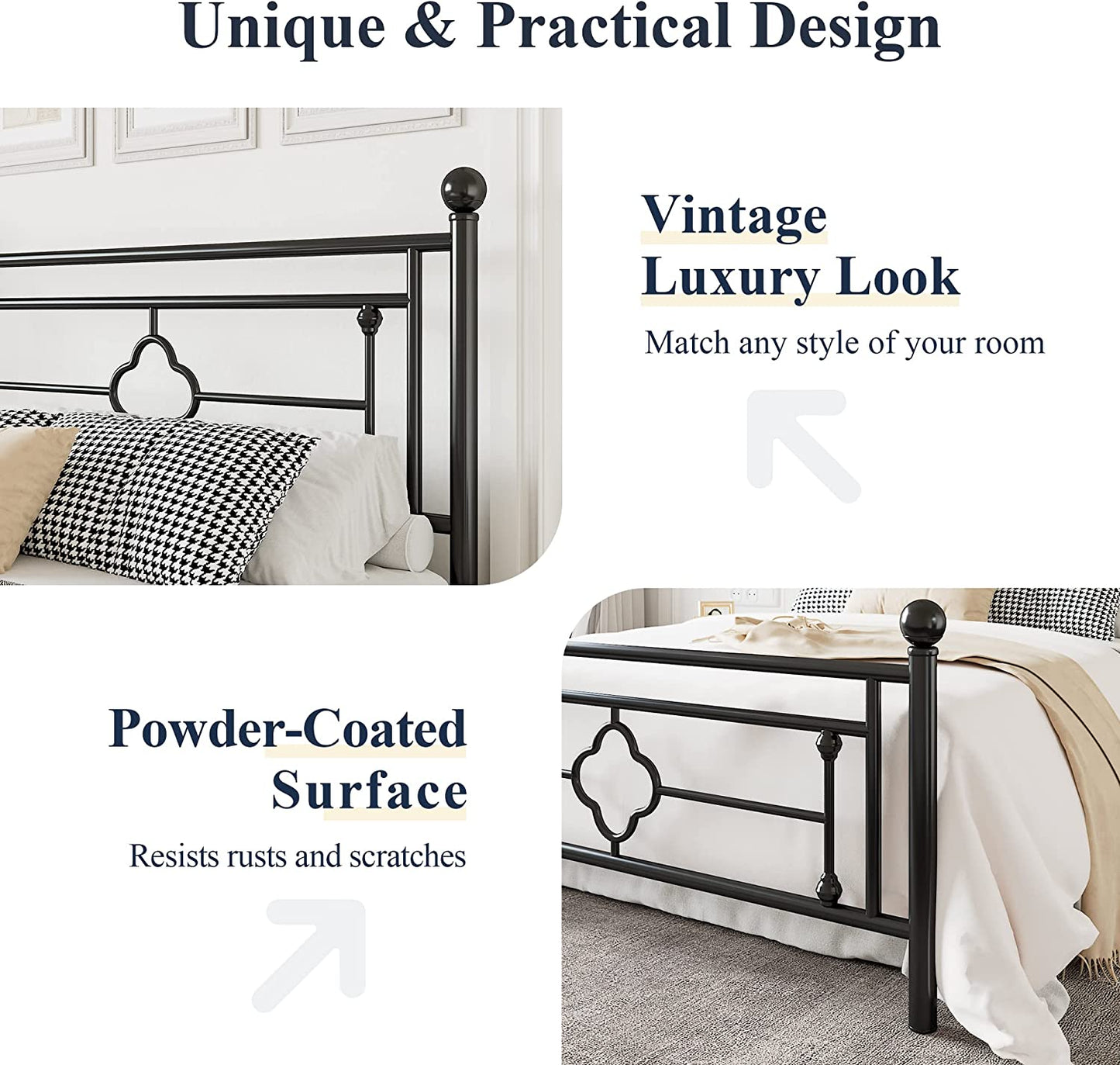 Allewie Metal Platform Bed Frame with Victorian Vintage Headboard and Footboard, Black