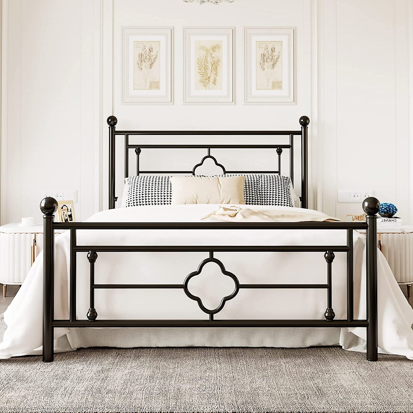 Allewie Metal Platform Bed Frame with Victorian Vintage Headboard and Footboard, Black