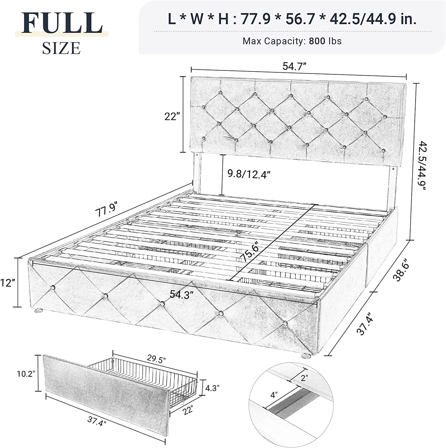 Allewie Platform Bed Frame with 4 Drawers, Diamond Stitched Button Tufted Faux Leather Upholstered
