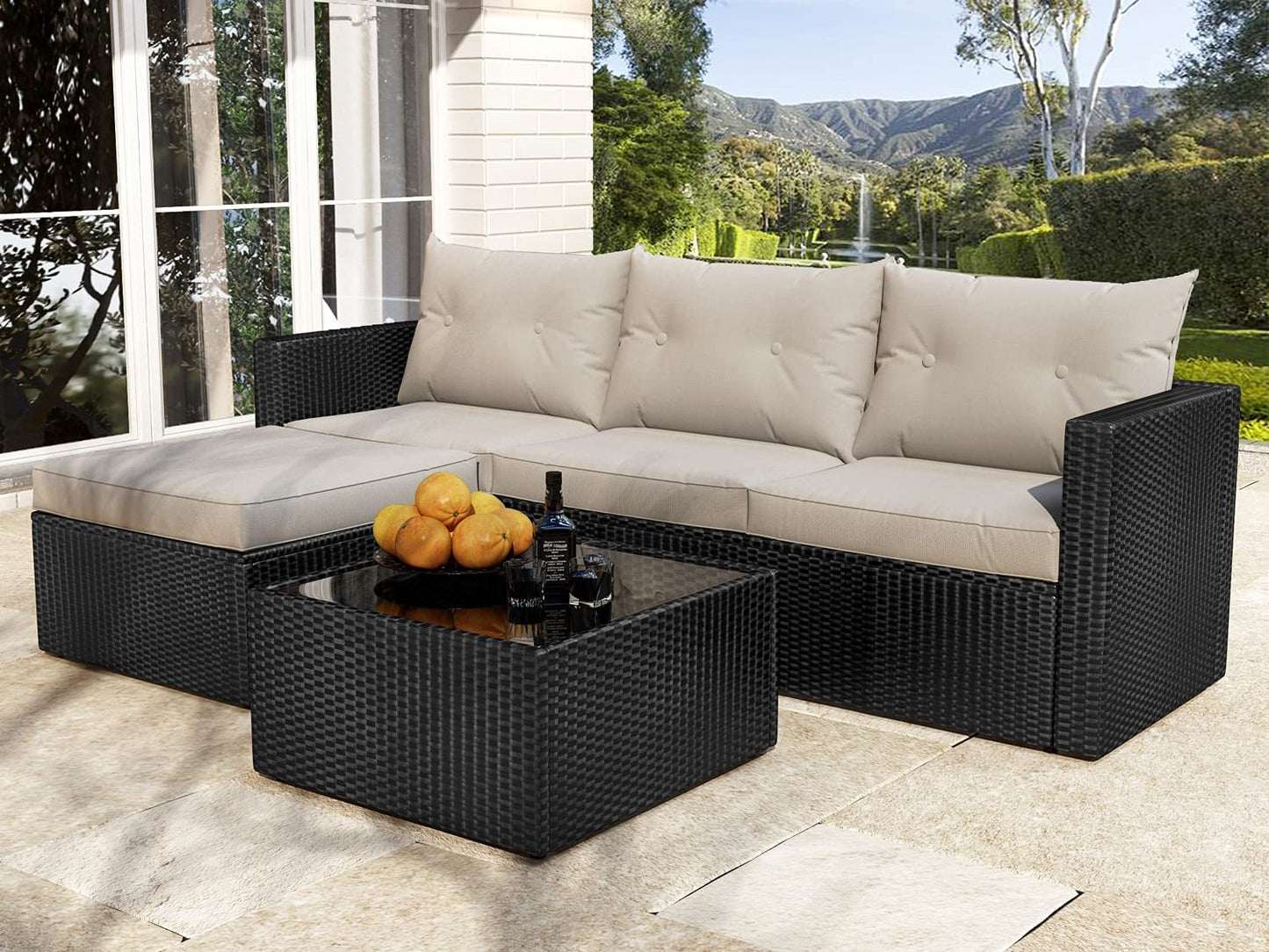 Patio Conversation Set, 3 Pieces PE Wicker Rattan Outdoor Furniture Set, Lounge Sofa and Loveseat with Cushions, Tempered Glass Coffee Table