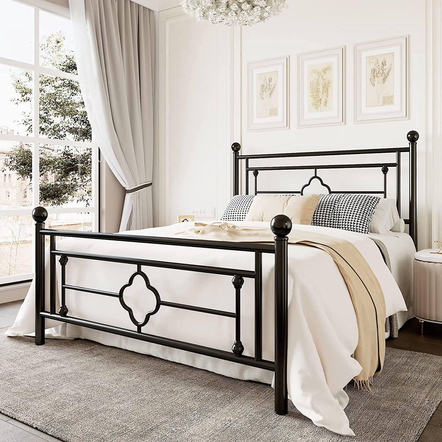 Allewie Metal Platform Bed Frame with Victorian Vintage Headboard and Footboard, Black
