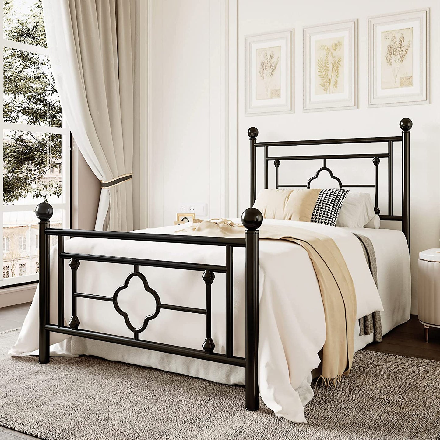 Allewie Metal Platform Bed Frame with Victorian Vintage Headboard and Footboard, Black
