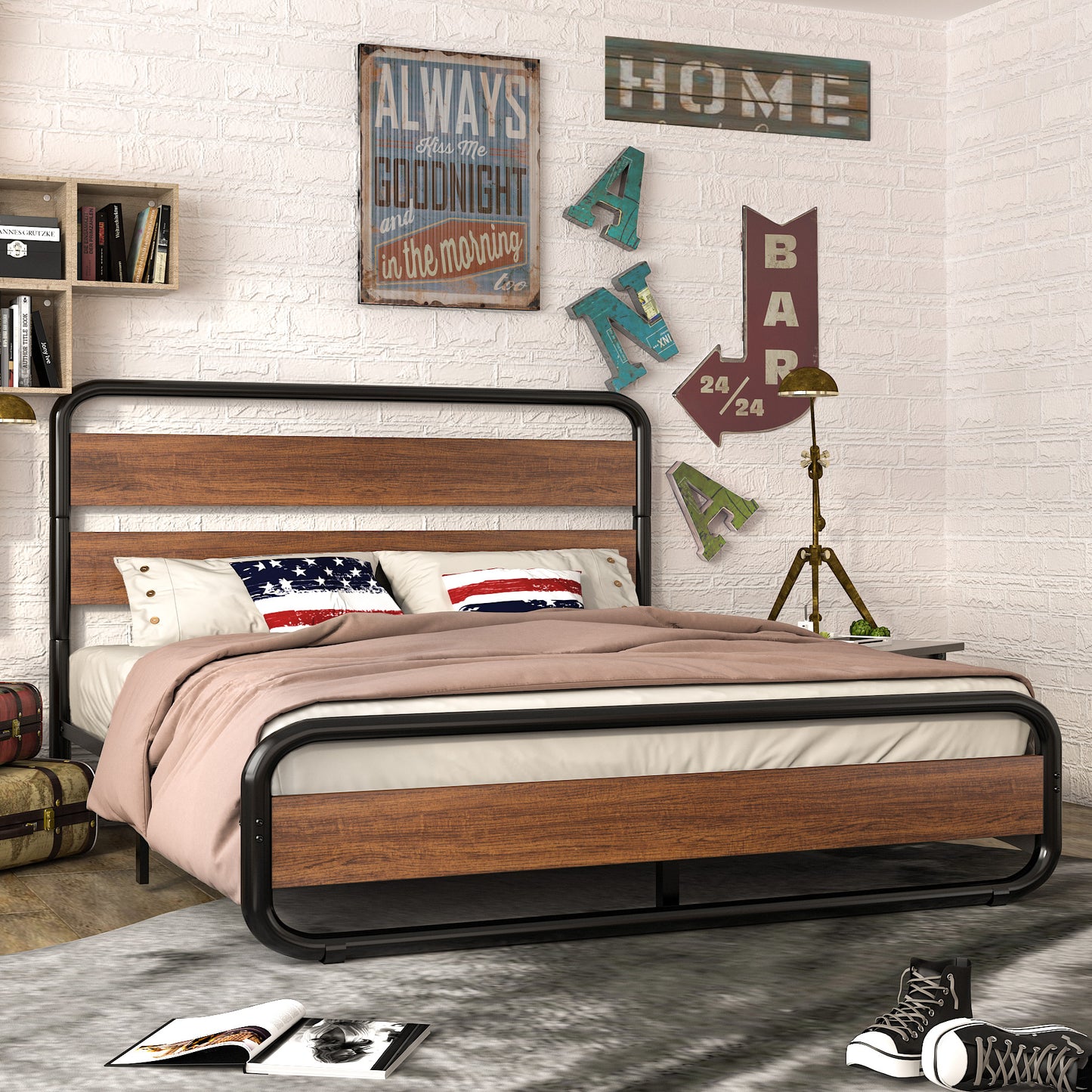 Allewie Metal Bed Frame with Wooden Headboard & Footboard, Heavy Duty Platform Frame with Under-Bed Storage