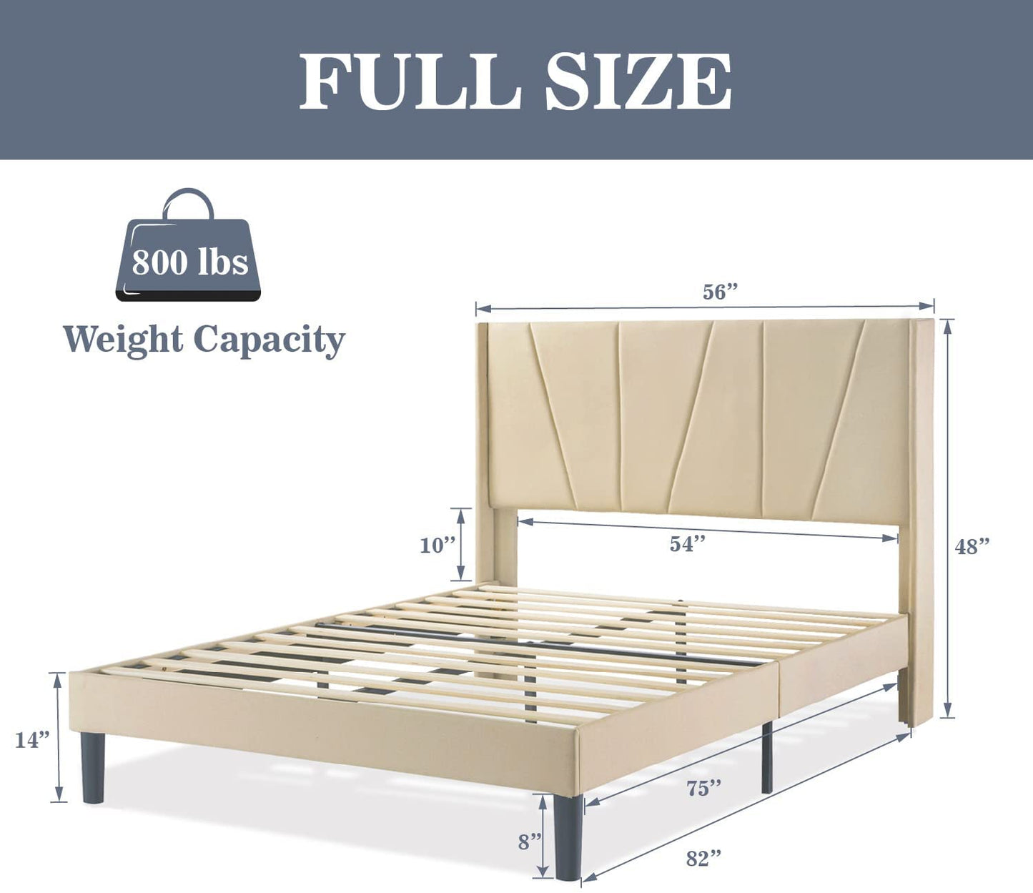 Allewie full Size Modern Platform Bed Frame with Upholstered Geometric Wingback Headboard, Beige