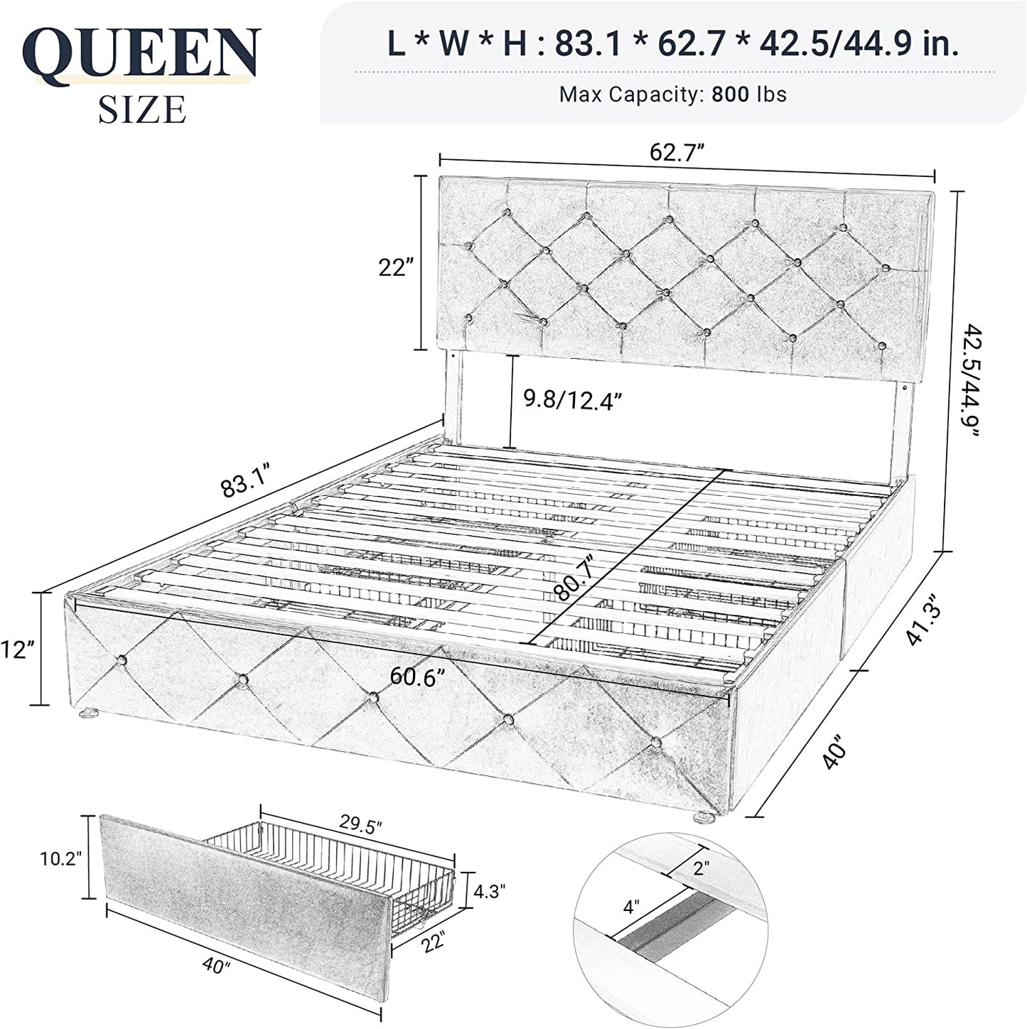 Allewie Platform Bed Frame with 4 Drawers, Diamond Stitched Button Tufted Faux Leather Upholstered