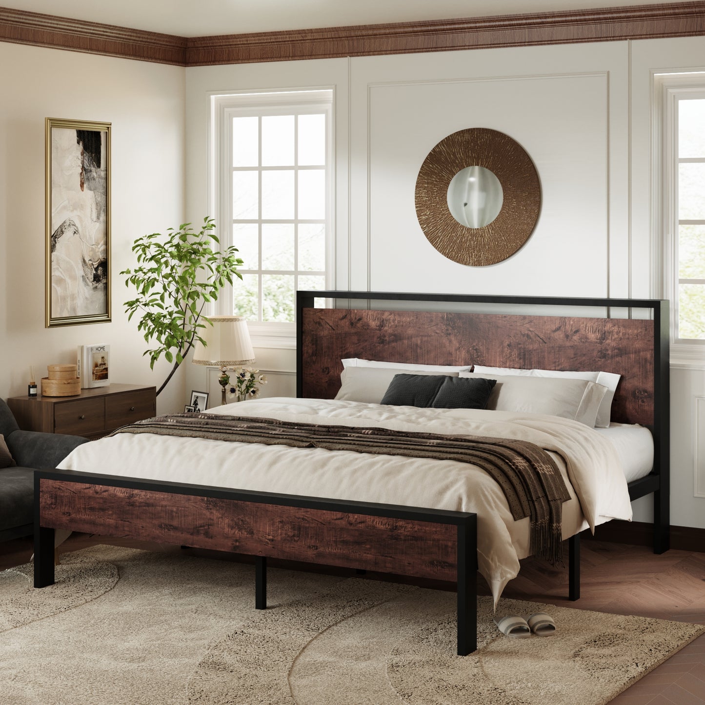 Allewie Platform Bed Frame with Wood Headboard and Footboard, Heavy Duty Metal Slat