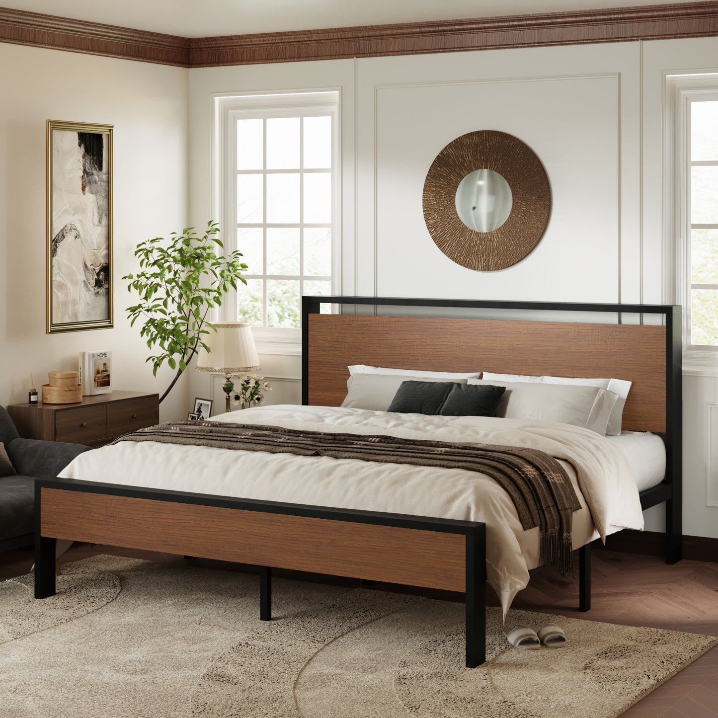 Allewie Platform Bed Frame with Wood Headboard and Footboard, Heavy Duty Metal Slat