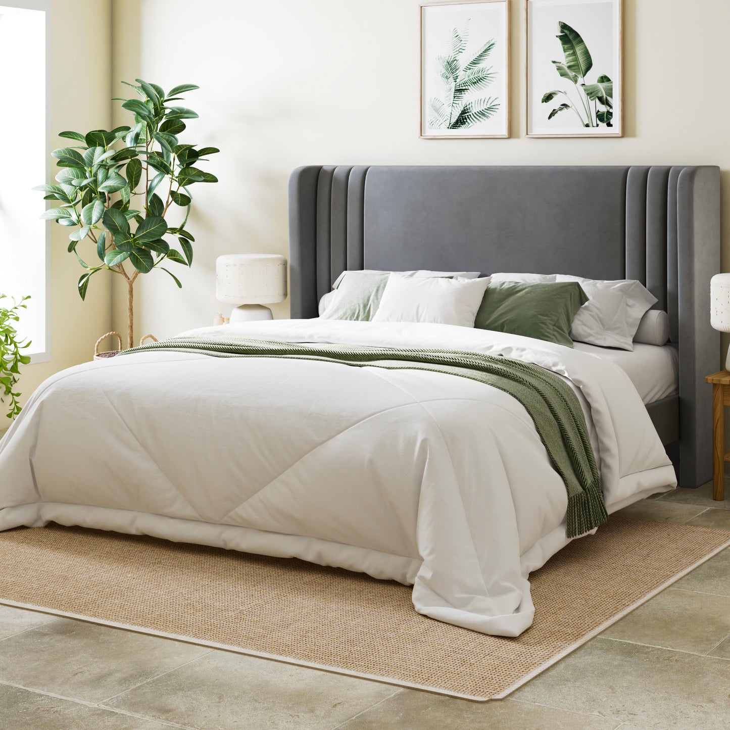 Allewie Velvet Platform Bed Frame with Vertical Tufted Wingback Headboard, Easy Assembly, Under Bed Storage, No Box Spring Required, Modern Style
