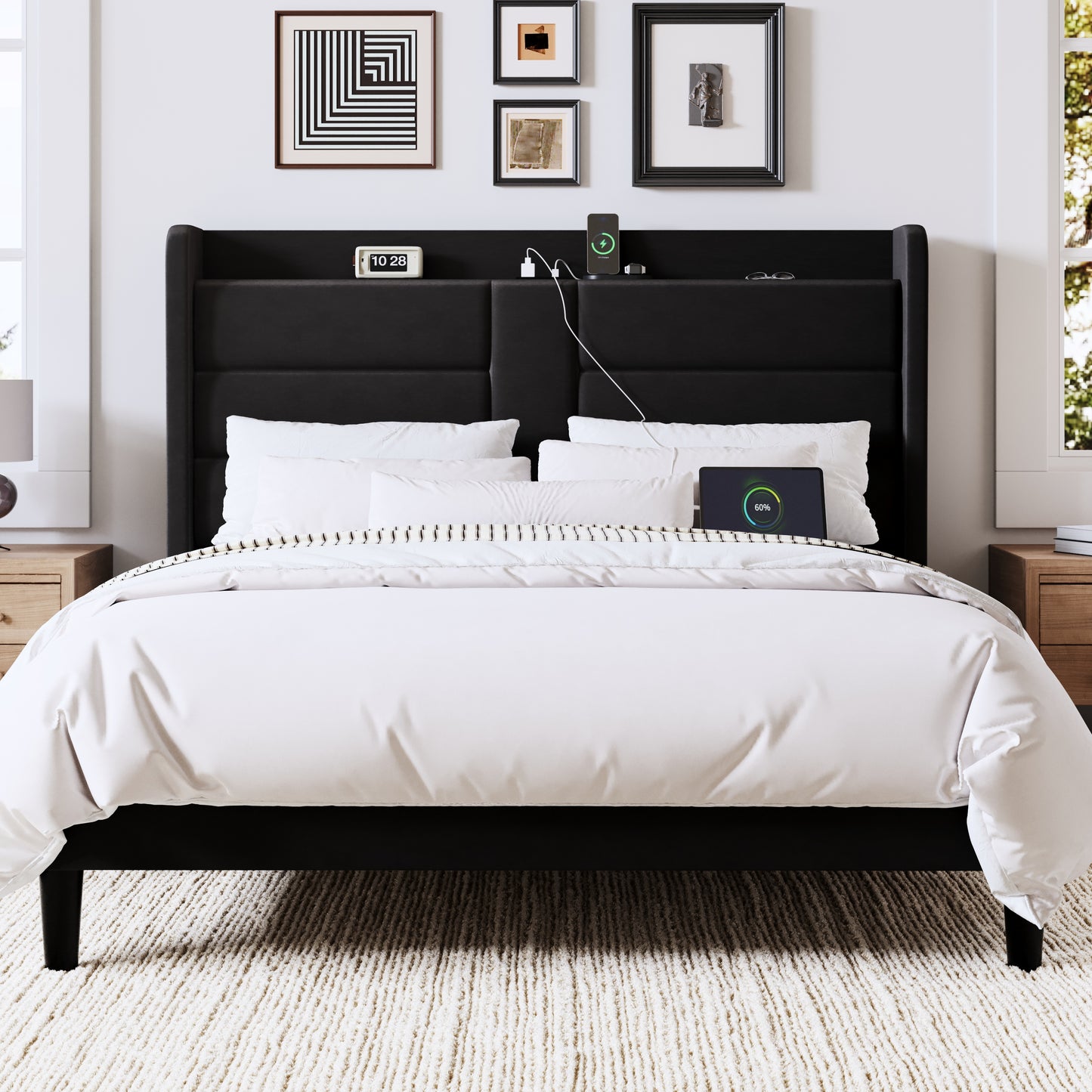 Allewie Bed Frame with Charging Station, Upholstered Velvet Wingback Design & USB Port, No Box Spring Needed