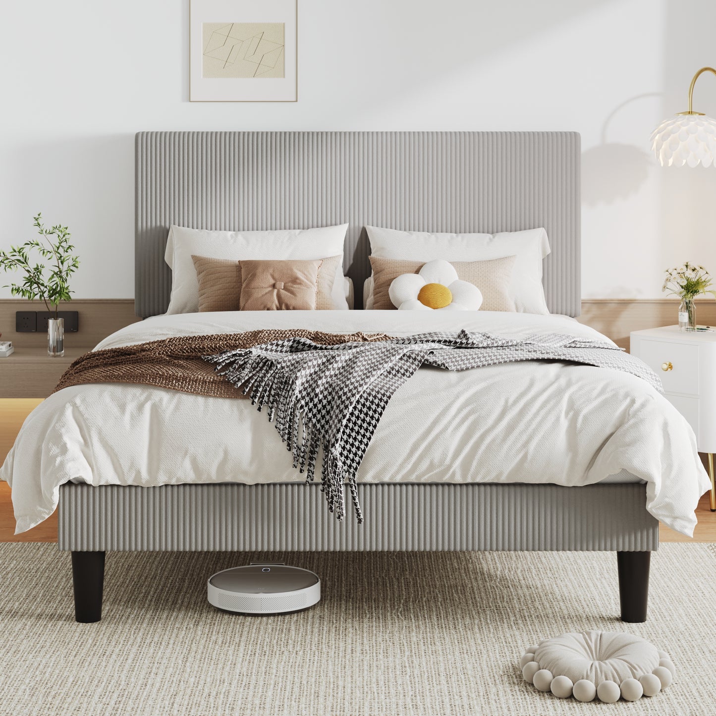 Allewie Upholstered Bed Frame with Vertical Channel Tufted Headboard, Soft Corduroy Fabric Platform Bed