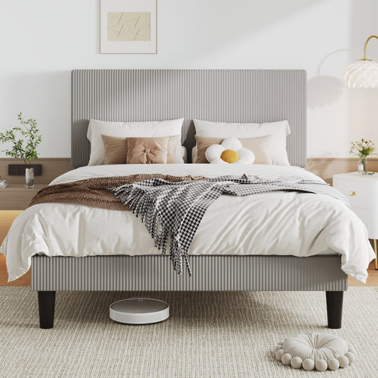 Allewie Upholstered Bed Frame with Vertical Channel Tufted Headboard, Soft Corduroy Fabric Platform Bed