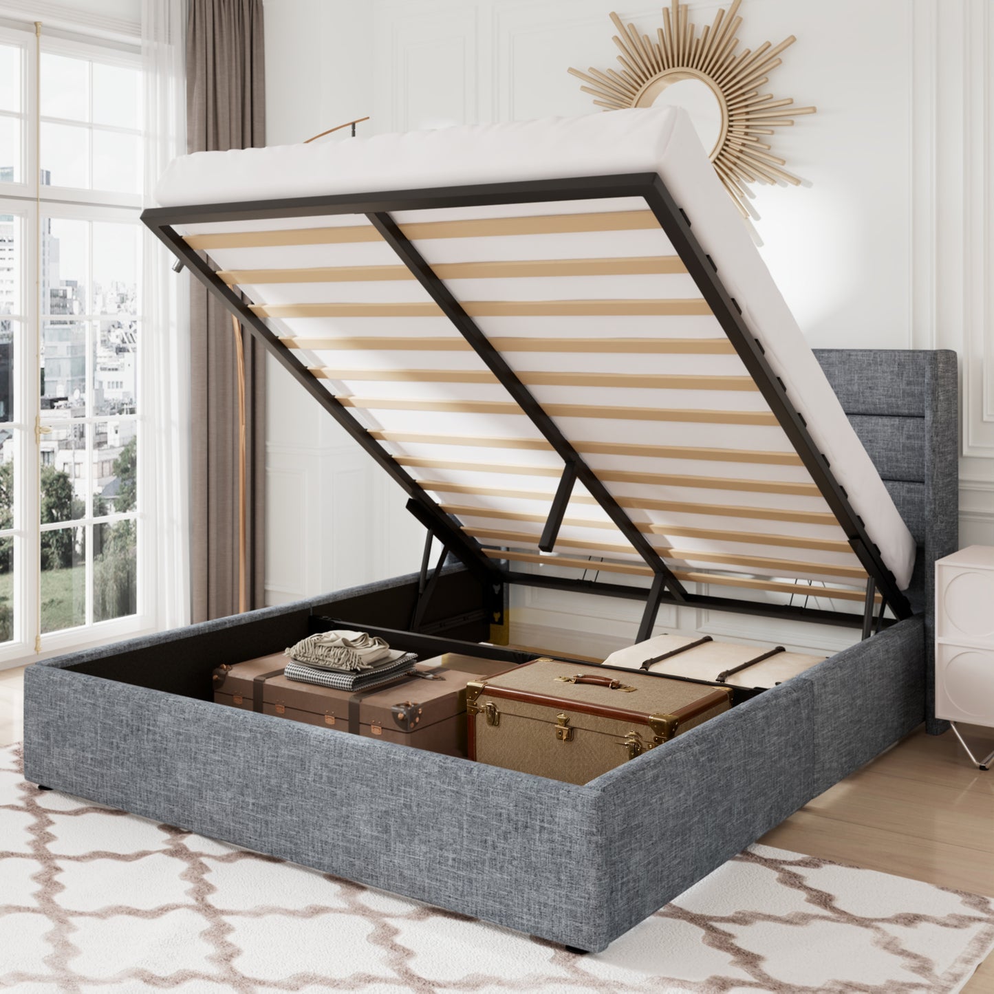 Allewie Lift Up Storage Upholstered Bed with Pannel Wingback Headboard