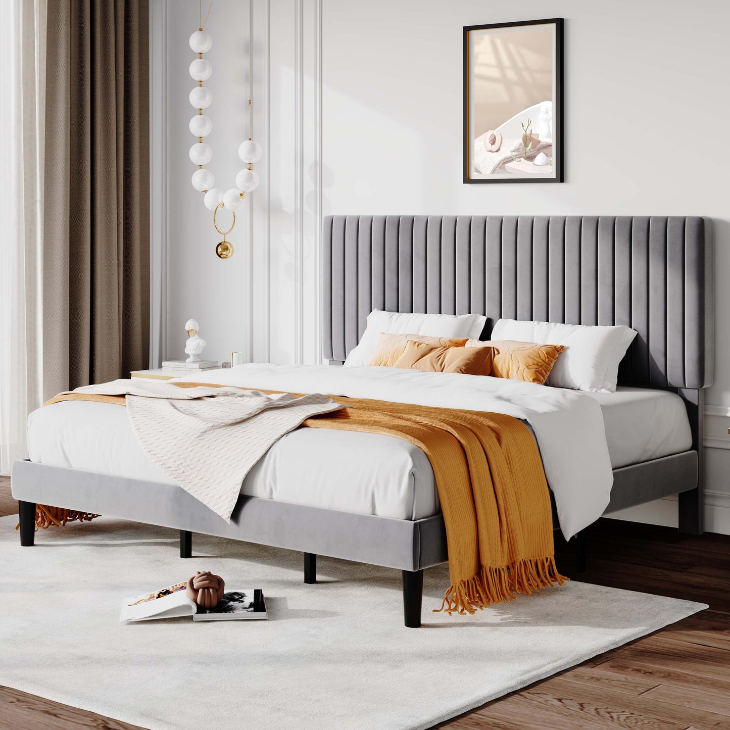 Allewie Velvet Upholstered Platform Bed Frame with Adjustable Vertical Channel Tufted Headboard