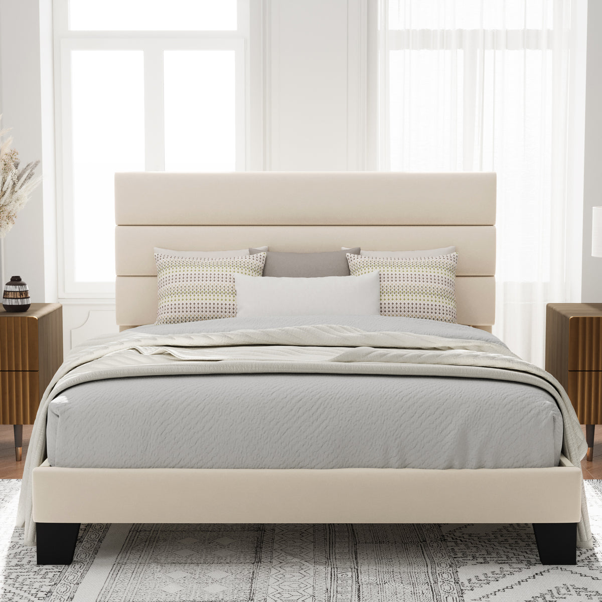 Allewie Platform Bed Frame with Velvet Upholstered Headboard, No Box Spring Needed