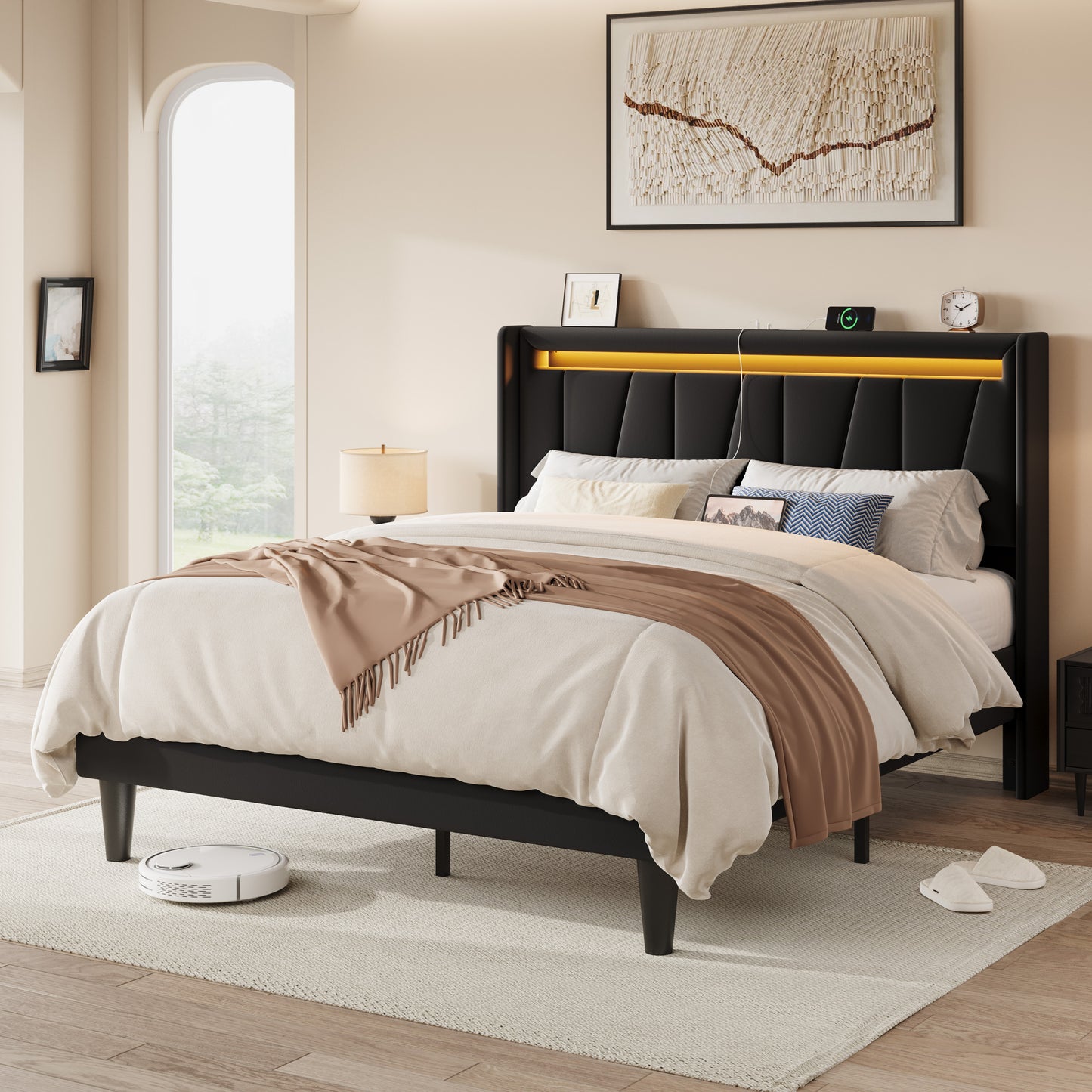 Allewie LED Bed Frame with Charging Station, Velvet Upholstered Platform Bed with Geometric Wingback Headboard