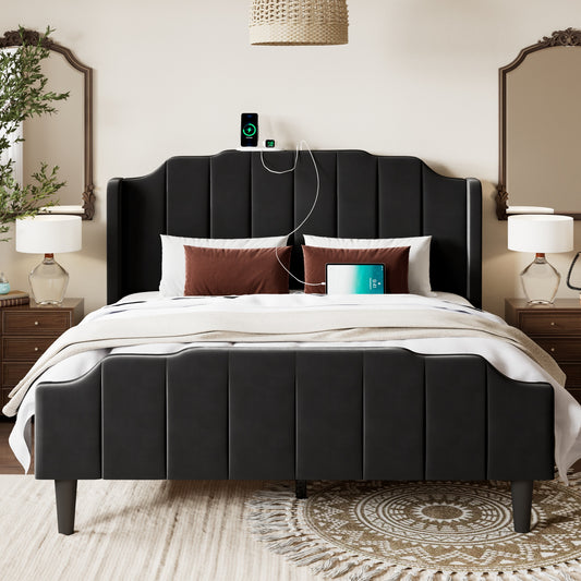 Allewie Vintage Bed Frame with Charging Station, Tufted Wingback Headboard and Footboard, No Box Spring Required