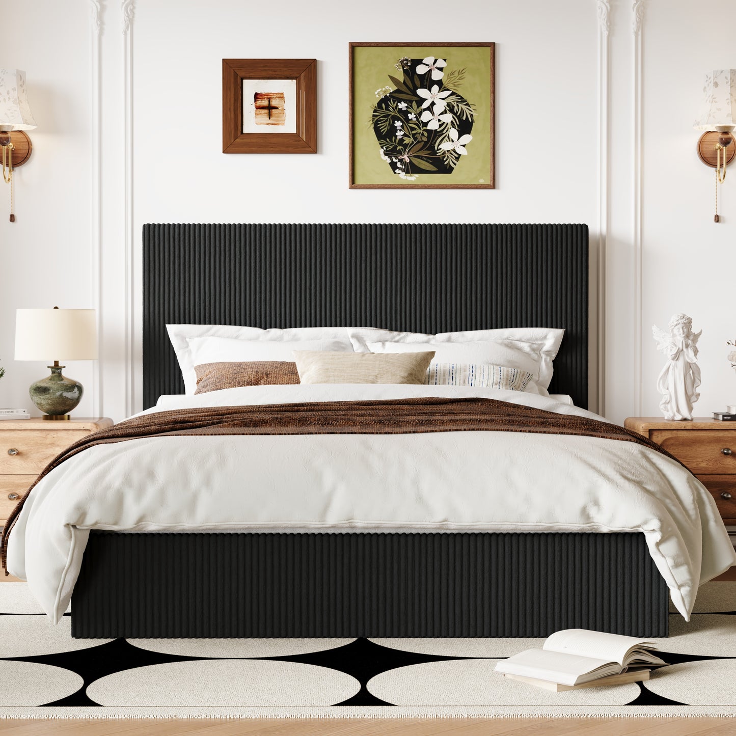 Allewie Bed Frame, Upholstered Platform Bed, Adjustable Vertical Channel Tufted Headboard, Corduroy Fabric, Modern Low Profile, Wooden Slats, No Box Spring Needed, Easy Assembly