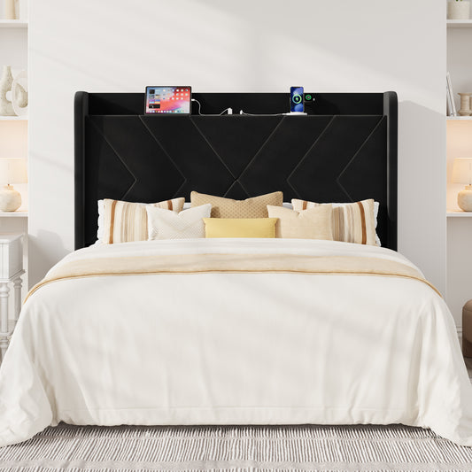 Allewie Velvet Storage Bed Frame with Charing Station, Upholstered Wingback Headboard