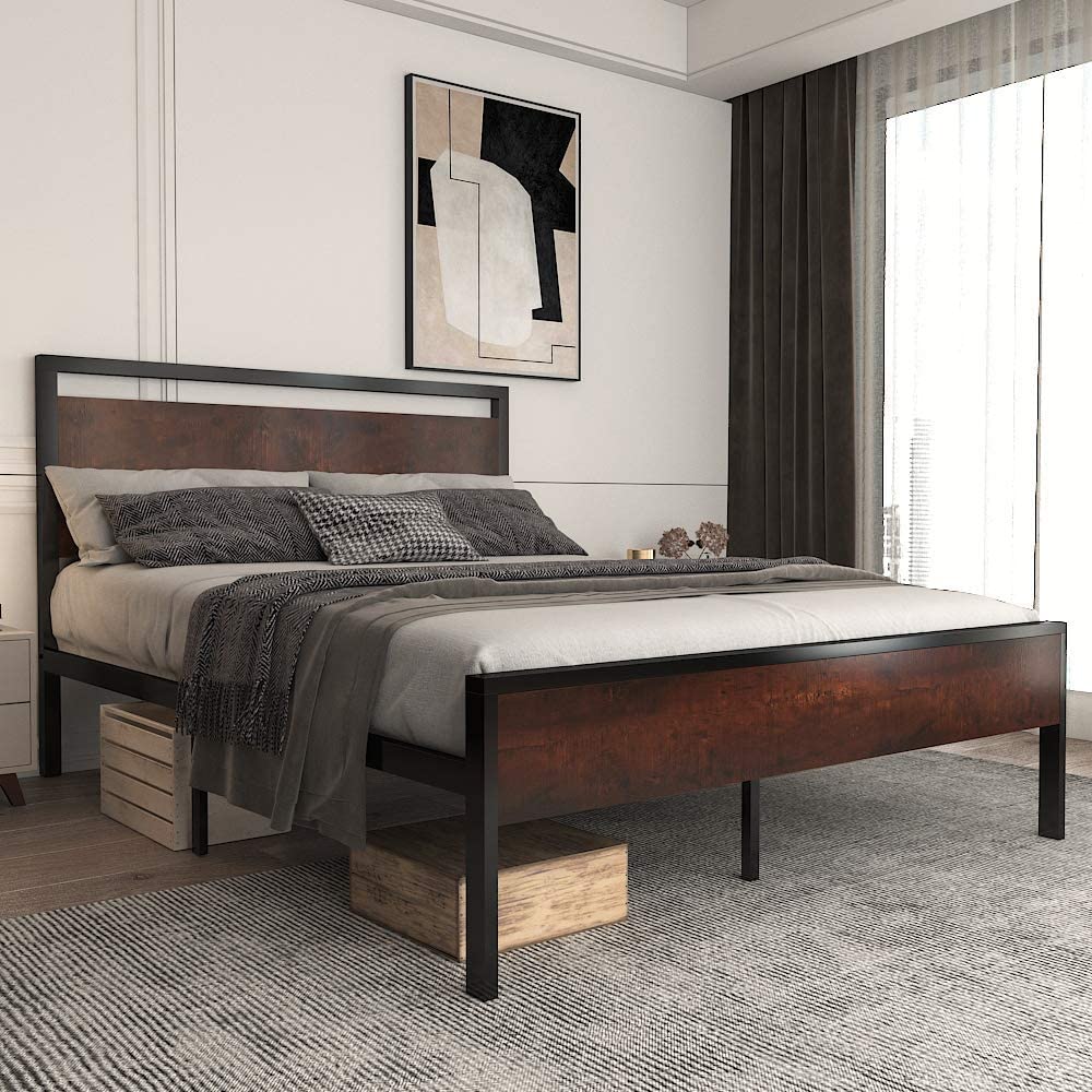 Allewie Sanders Platform Bed Frame with Wood Headboard and Footboard, Heavy Duty Metal Slat