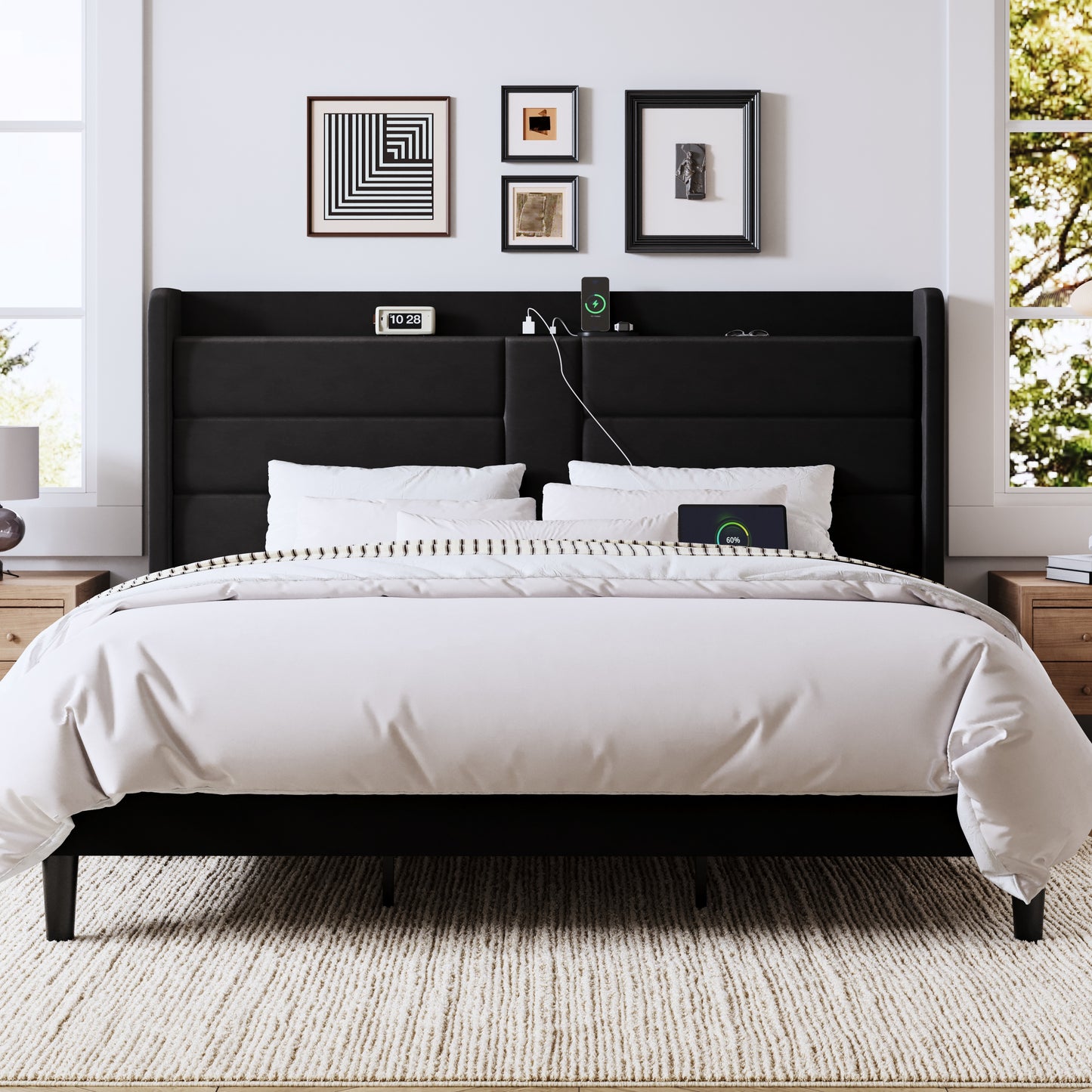 Allewie Bed Frame with Charging Station, Upholstered Velvet Wingback Design & USB Port, No Box Spring Needed