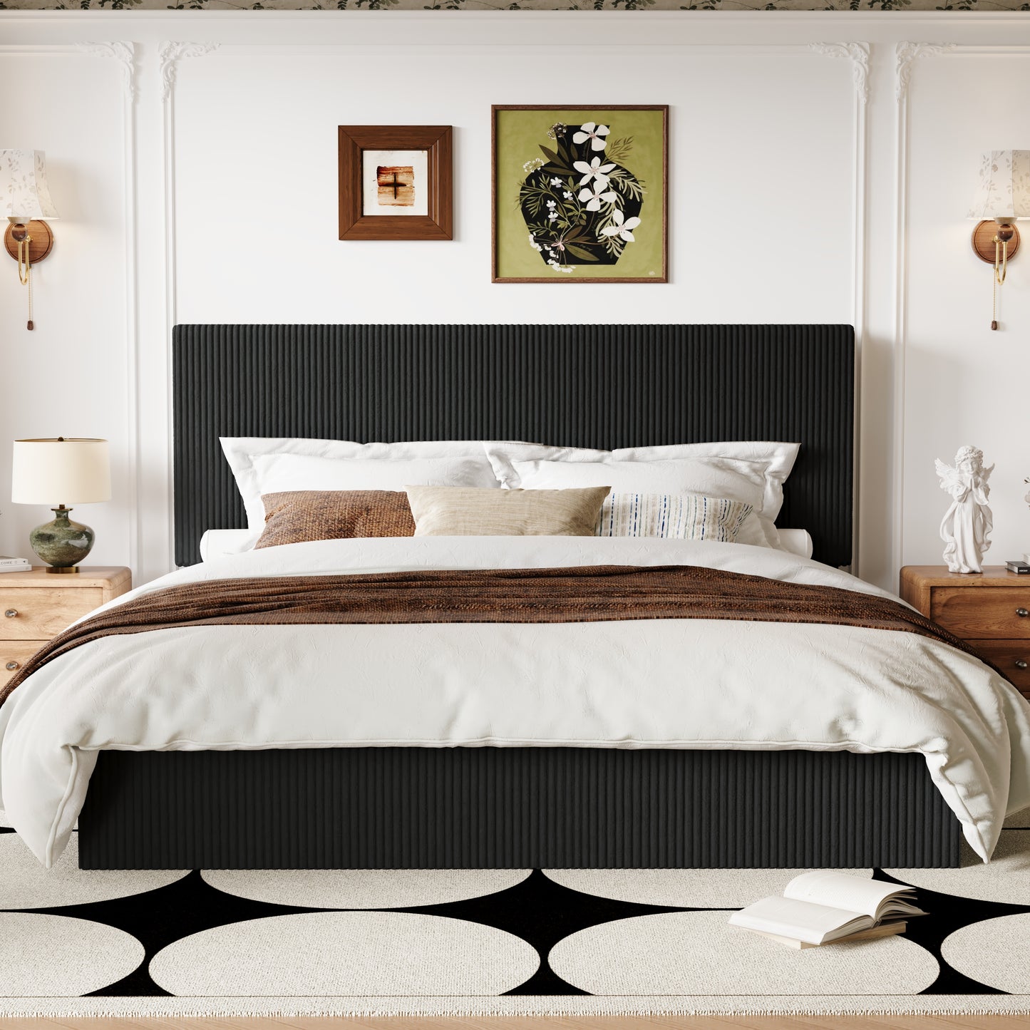 Allewie Bed Frame, Upholstered Platform Bed, Adjustable Vertical Channel Tufted Headboard, Corduroy Fabric, Modern Low Profile, Wooden Slats, No Box Spring Needed, Easy Assembly