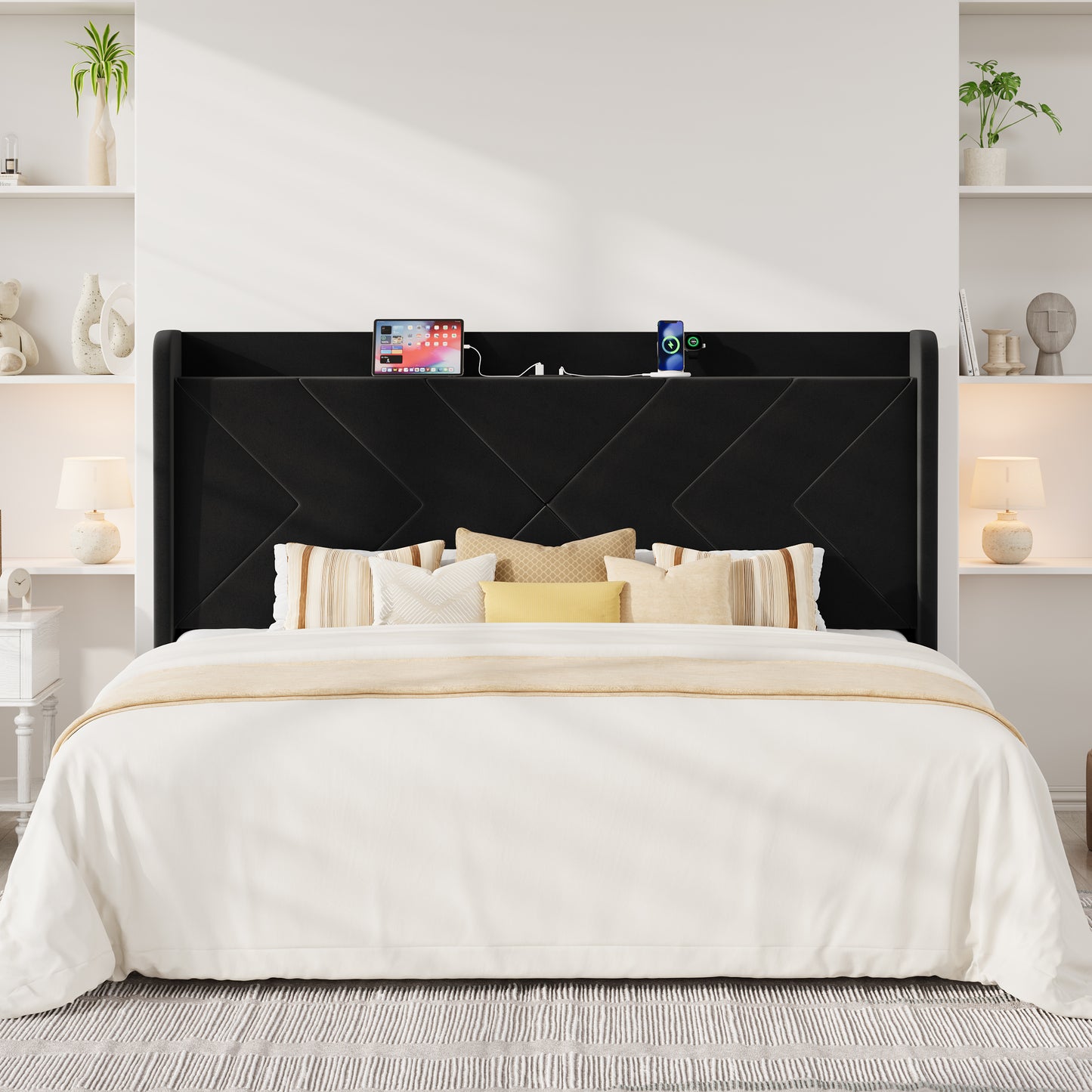 Allewie Velvet Storage Bed Frame with Charing Station, Upholstered Wingback Headboard